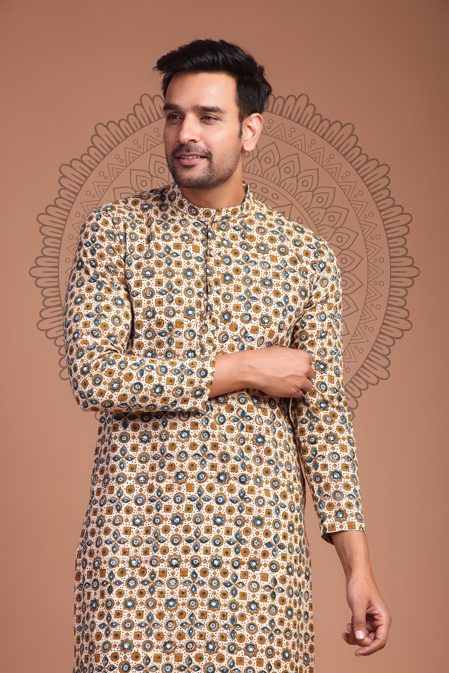 Ochre Yellow Hand Block Printed Men's Kurta - Tijoreebynikita