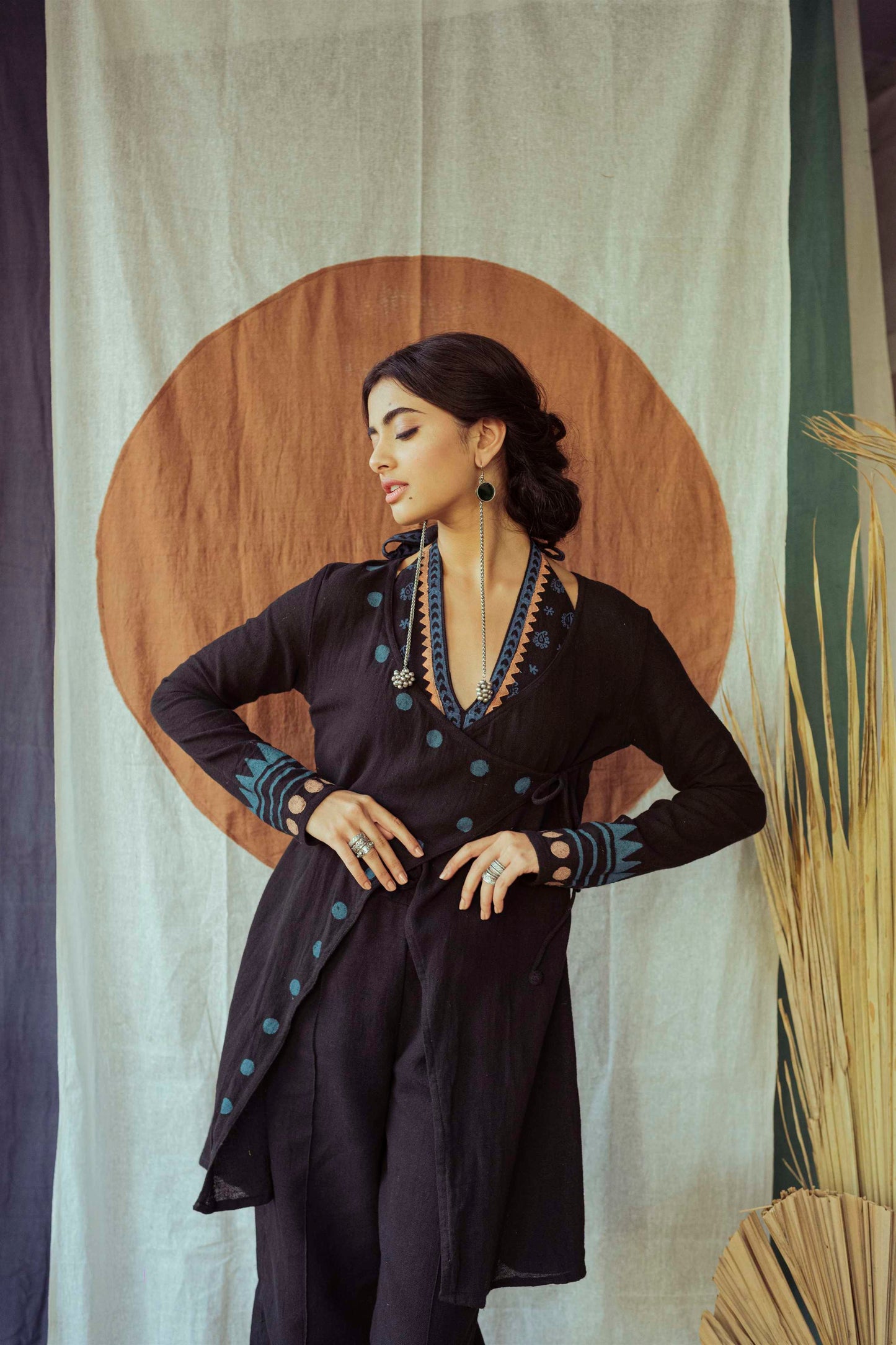 Coal Mine Black Hand Block Printed Mid-Length Jacket - Tijoreebynikita