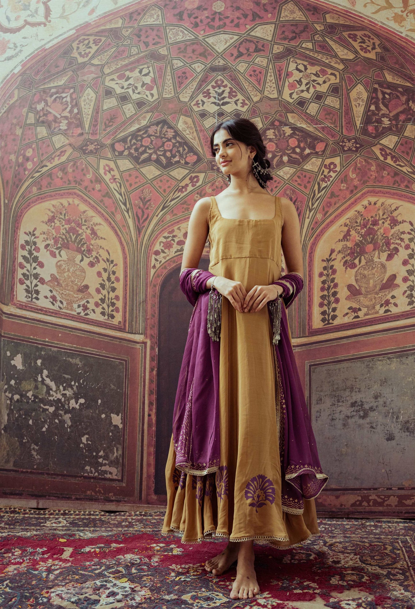 Gold and Antique Violet Hand Block Printed Anarkali Dress - Tijoreebynikita