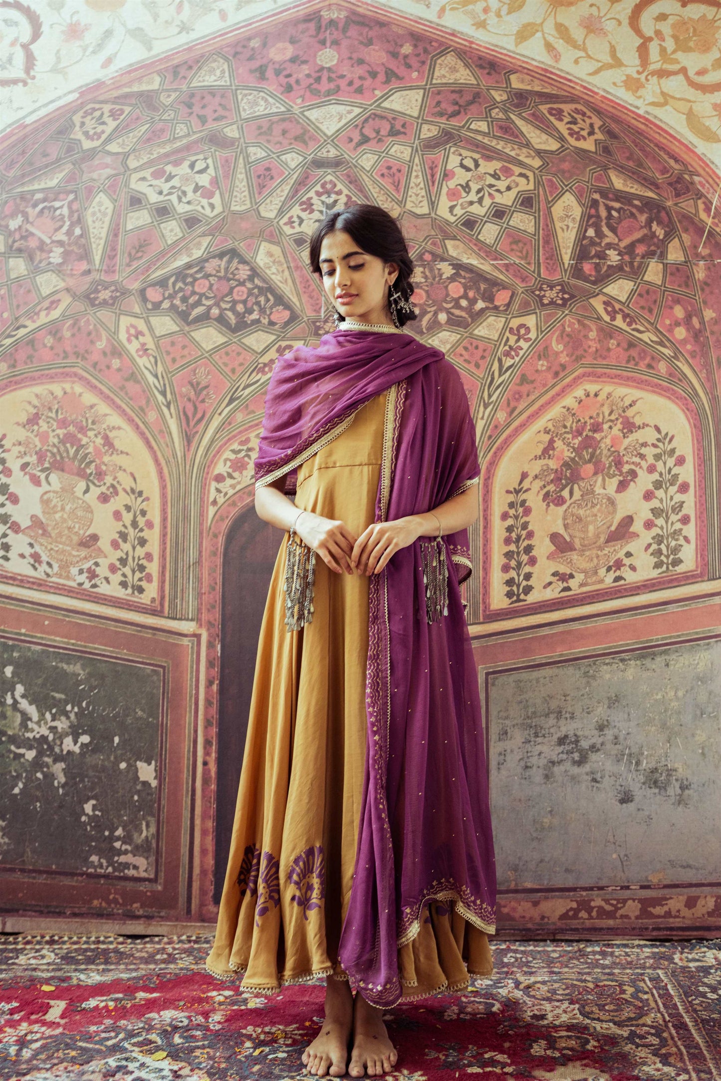 Gold and Antique Violet Hand Block Printed Anarkali Dress - Tijoreebynikita