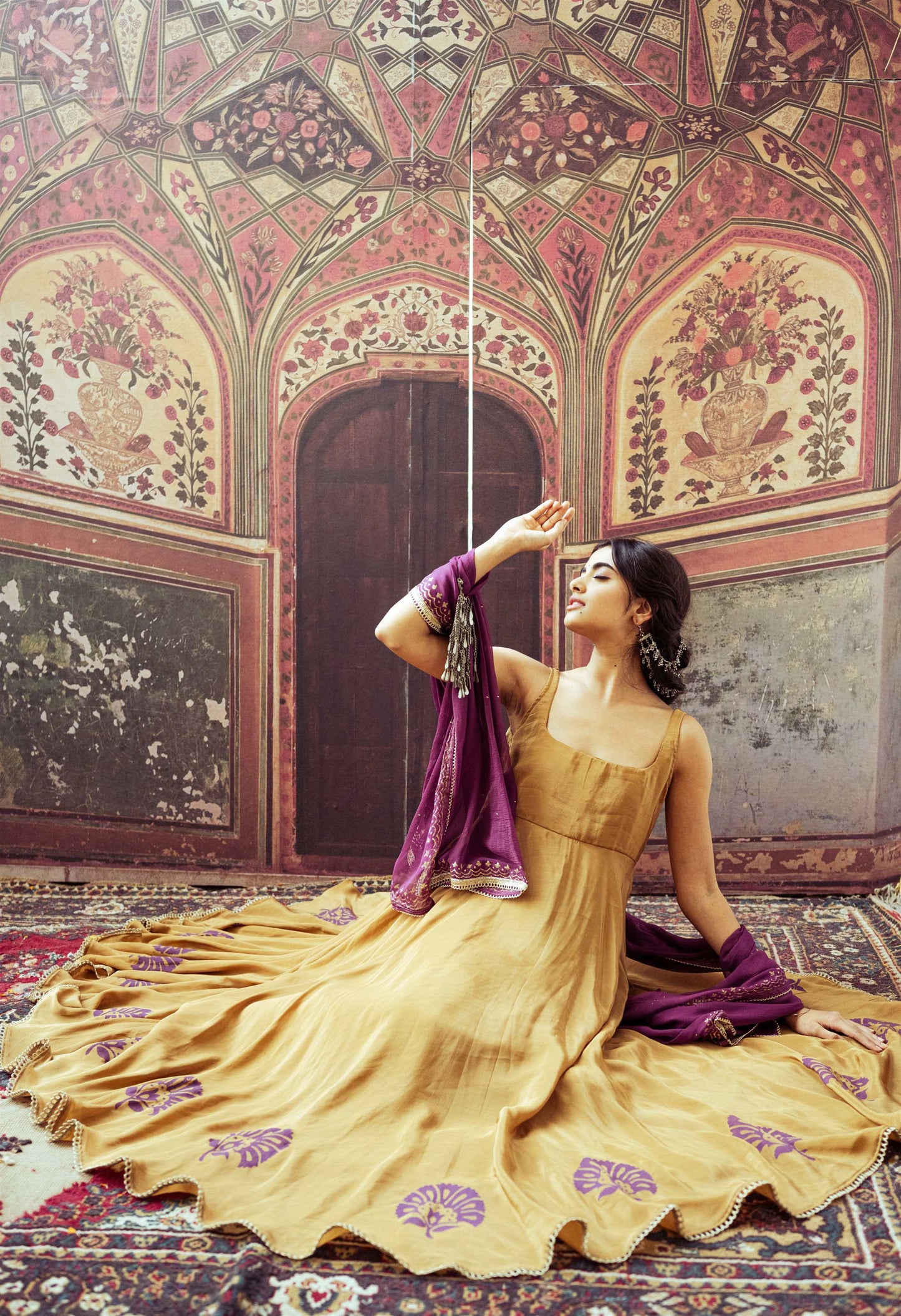 Gold and Antique Violet Hand Block Printed Anarkali Dress - Tijoreebynikita