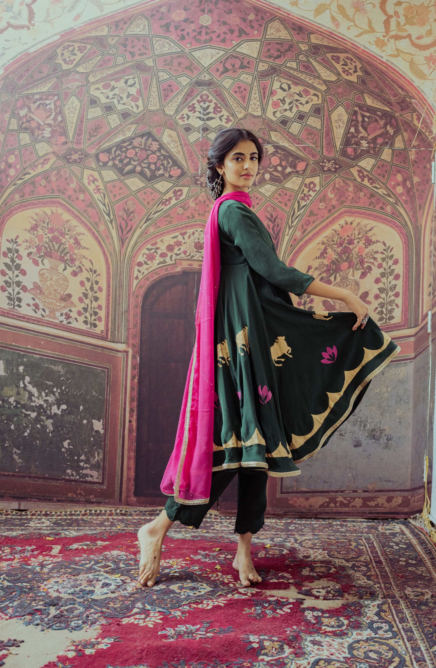 Meadow Green and Maharani Pink Hand Block Printed Anarkali Dress - Tijoreebynikita
