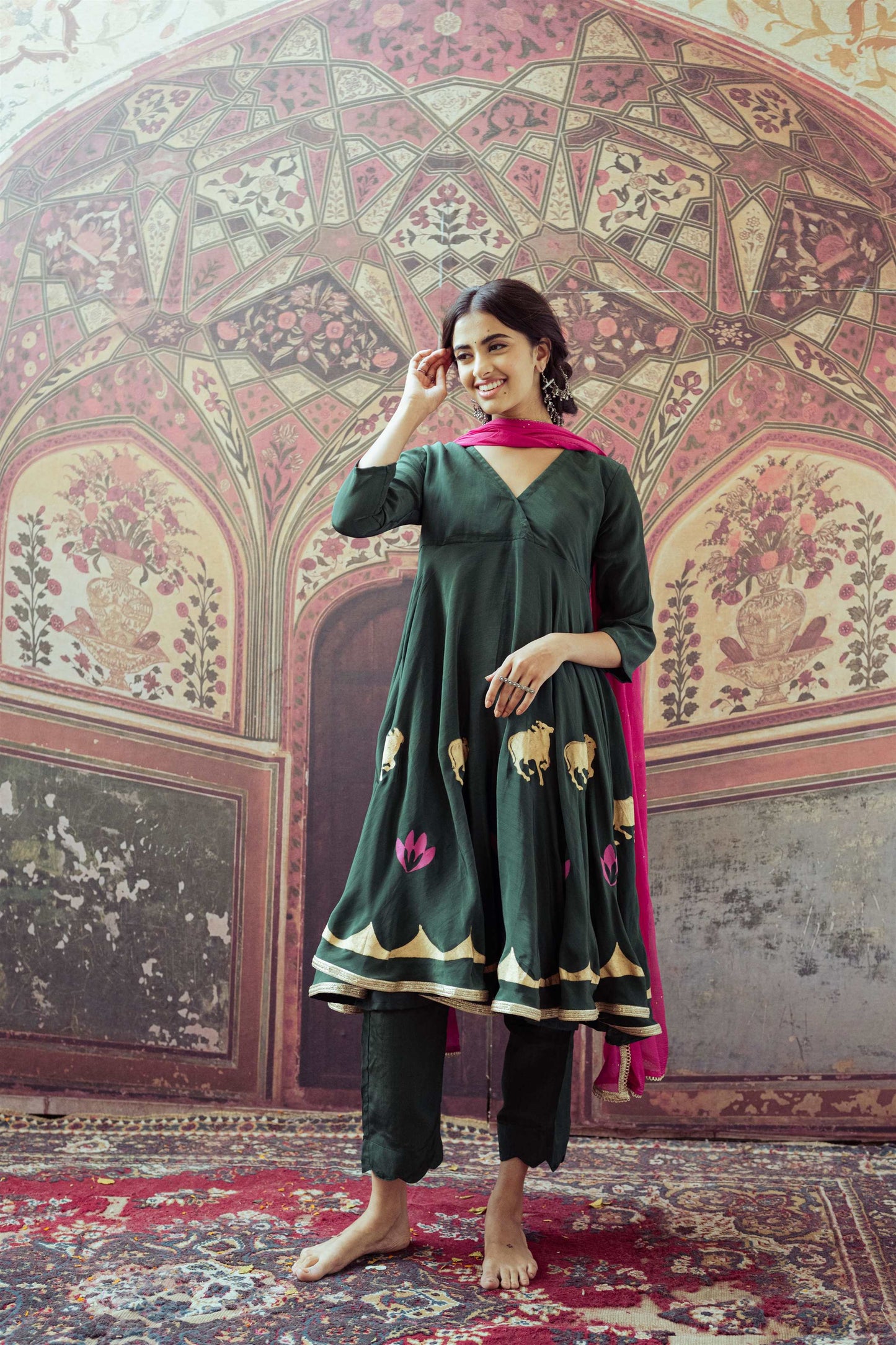 Meadow Green and Maharani Pink Hand Block Printed Anarkali Dress - Tijoreebynikita