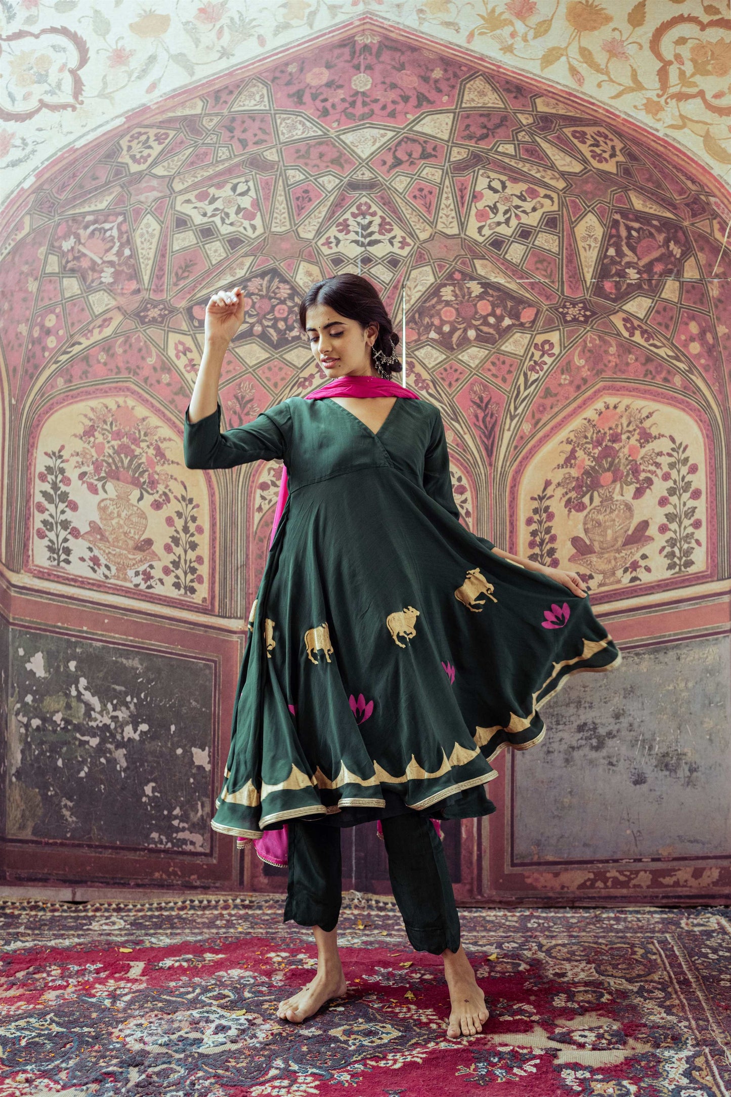 Meadow Green and Maharani Pink Hand Block Printed Anarkali Dress - Tijoreebynikita