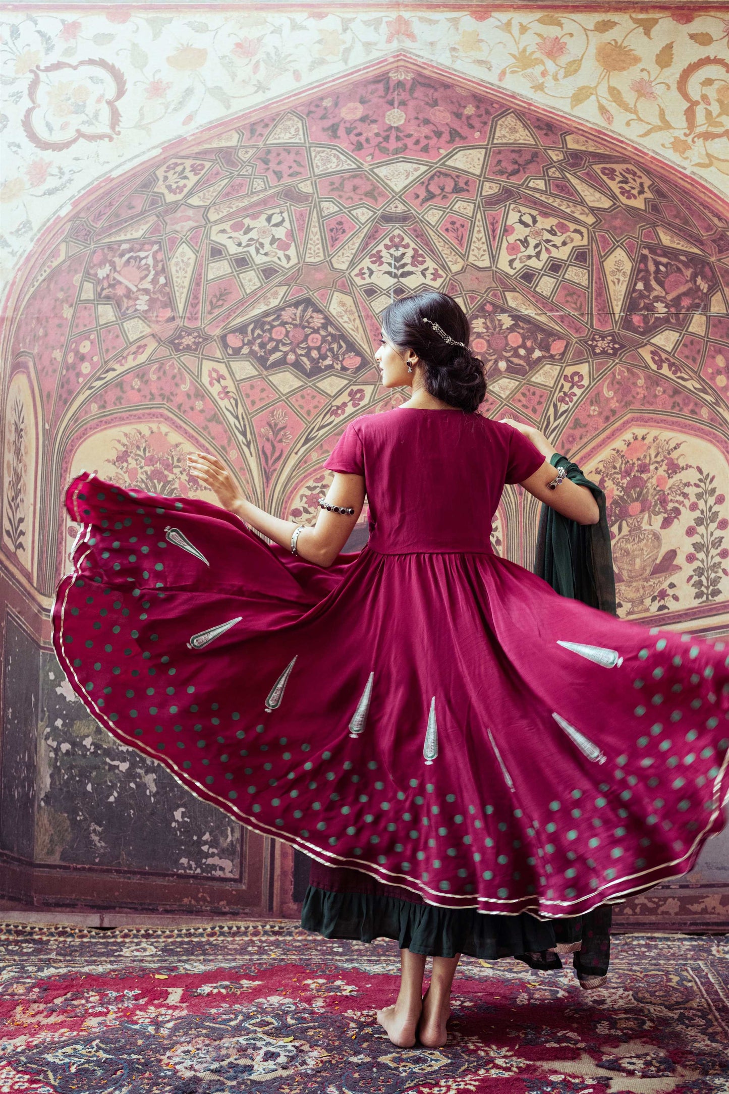 Mariot Rose and Meadow Green Hand Block Printed Anarkali Dress - Tijoreebynikita