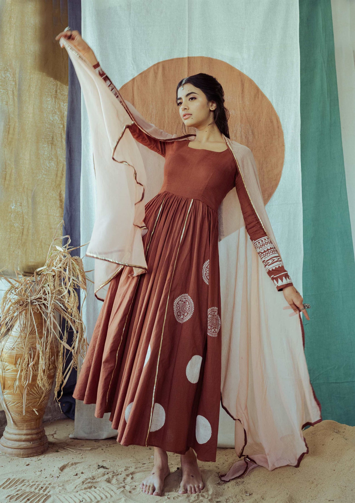 Earthy Brown Hand Block Printed Anarkali Dress - Tijoreebynikita