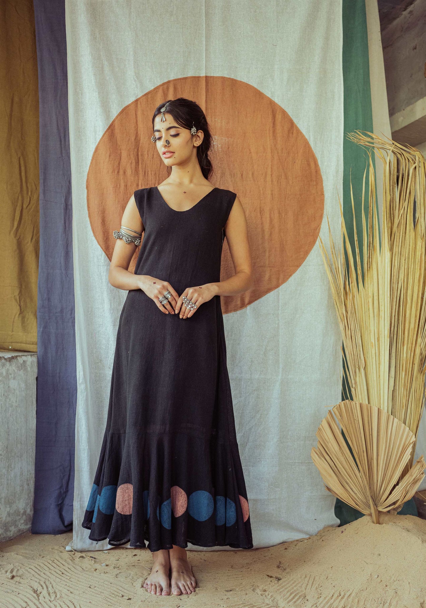Coal Mine Black Hand Block Printed A line Sleevless Dress - Tijoreebynikita