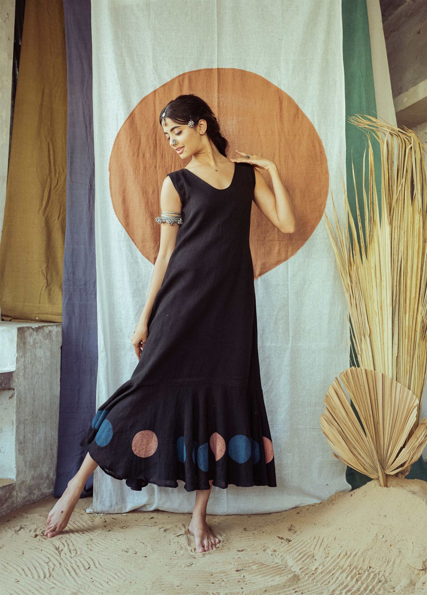 Coal Mine Black Hand Block Printed A line Sleevless Dress - Tijoreebynikita