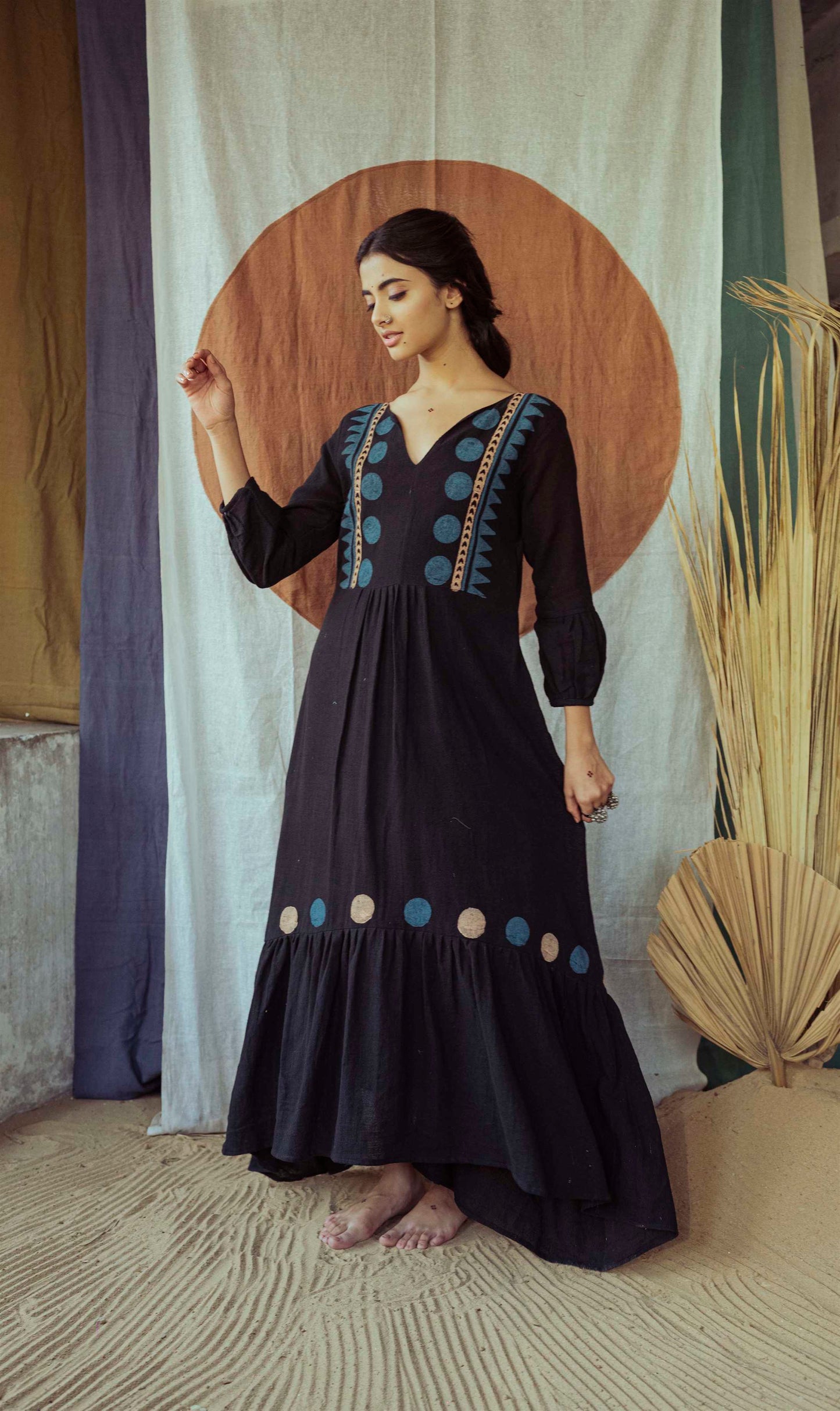 Coal Mine Black Hand Block Printed Asymmetrical Dress - Tijoreebynikita