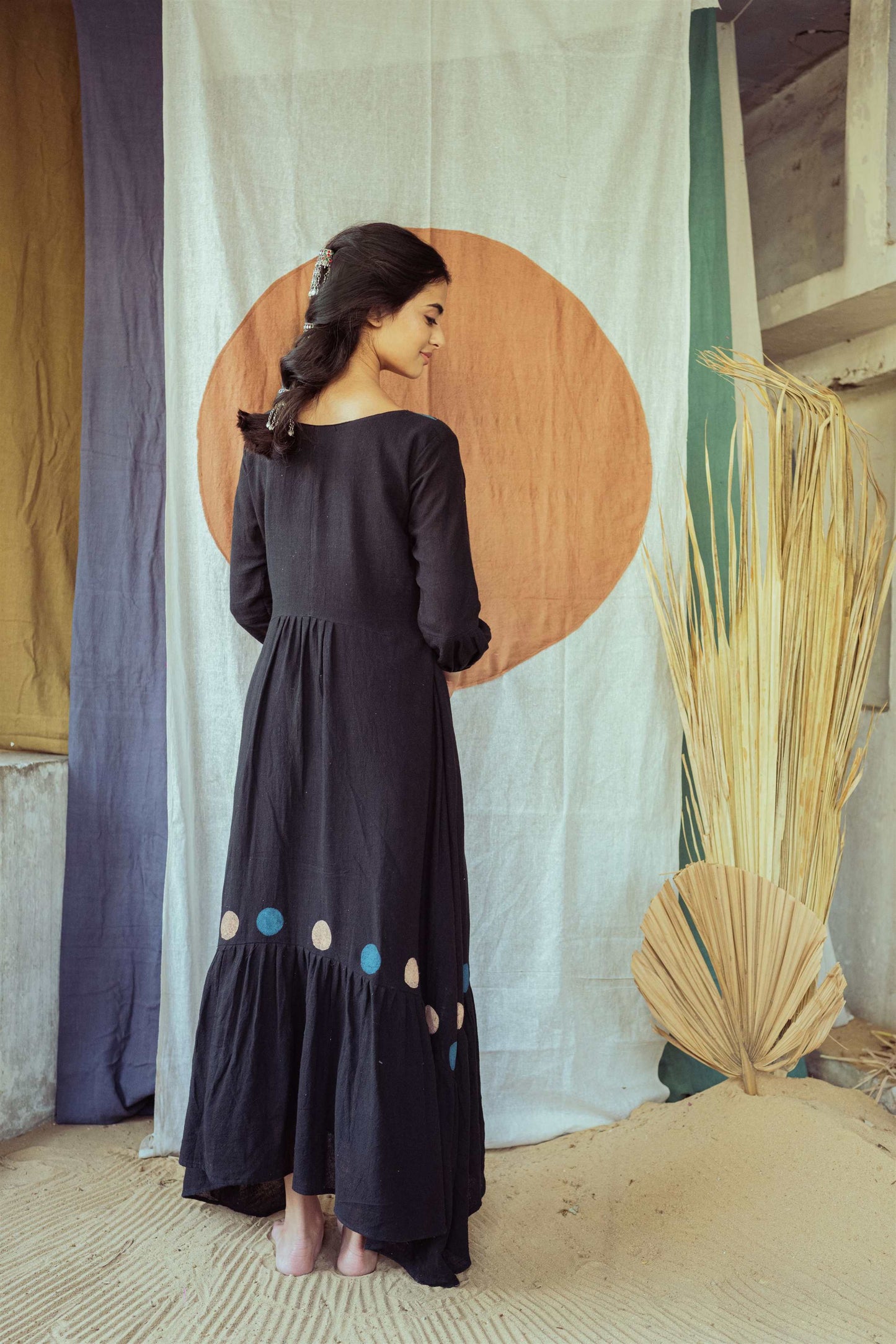 Coal Mine Black Hand Block Printed Asymmetrical Dress - Tijoreebynikita