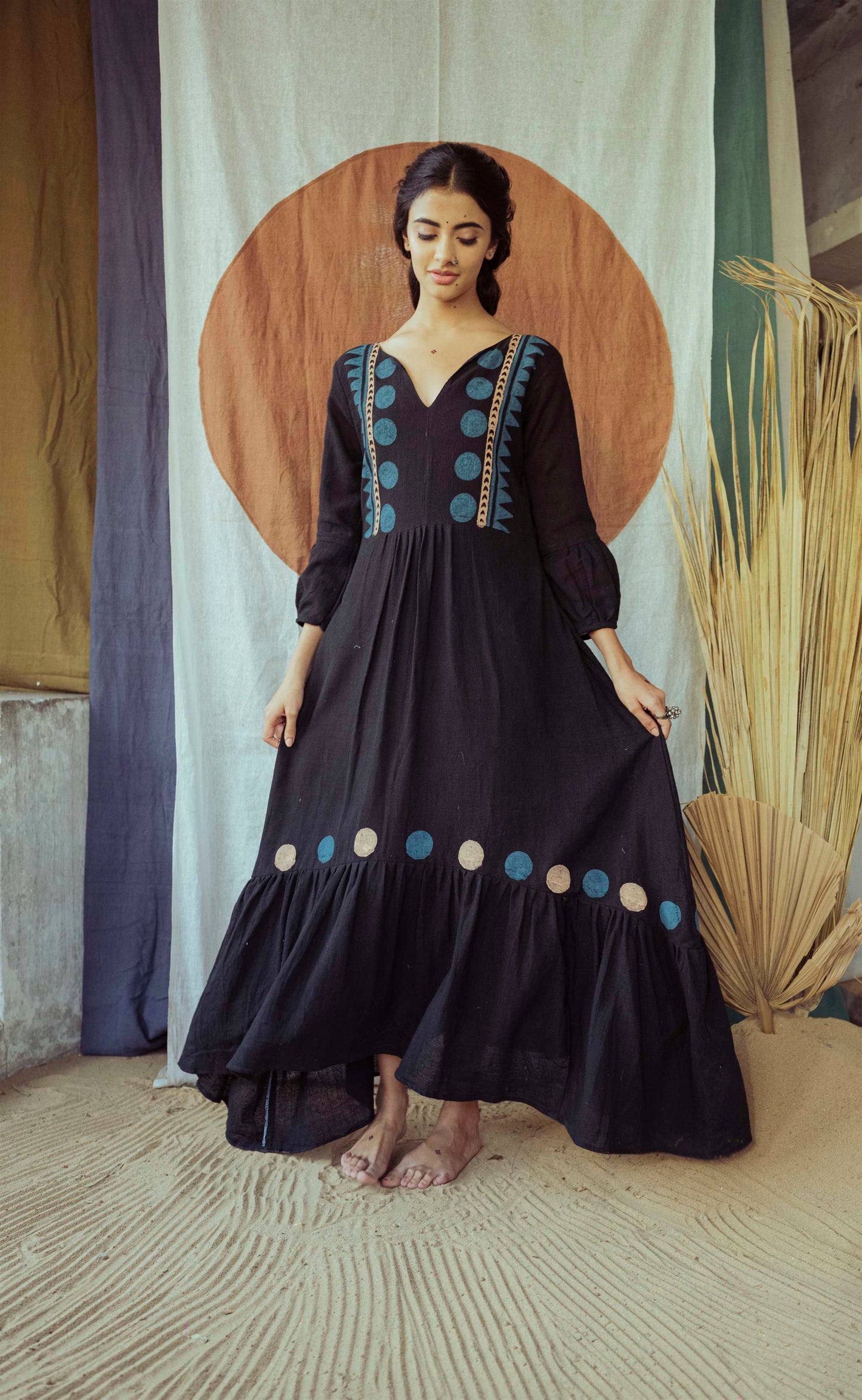 Coal Mine Black Hand Block Printed Asymmetrical Dress - Tijoreebynikita