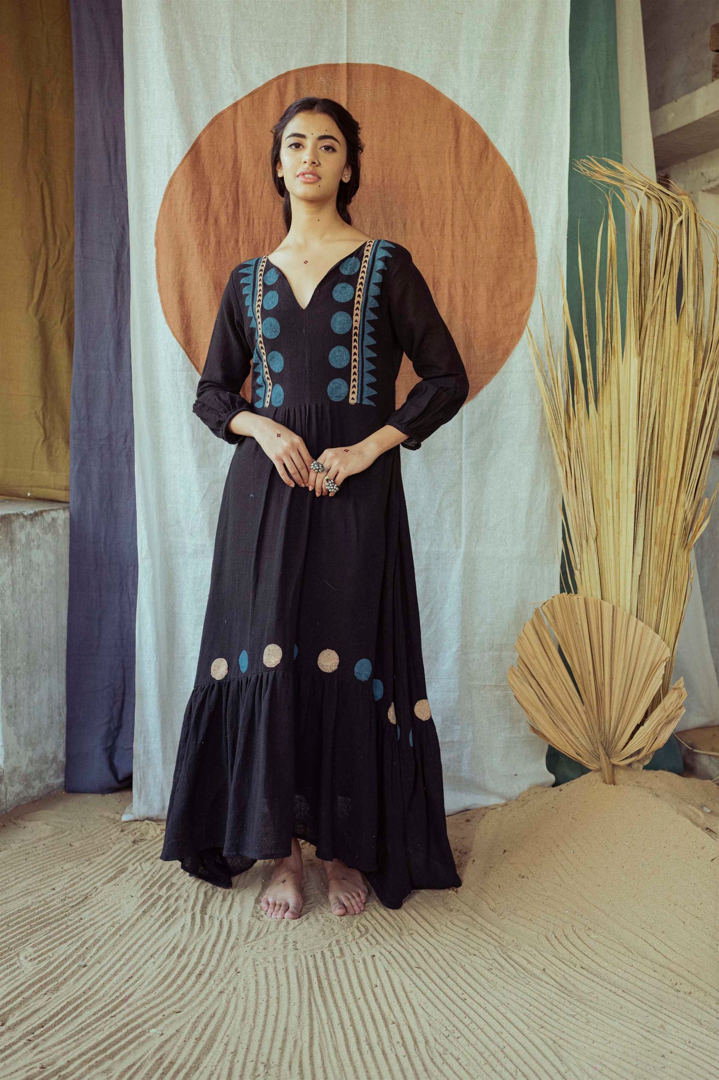 Coal Mine Black Hand Block Printed Asymmetrical Dress - Tijoreebynikita
