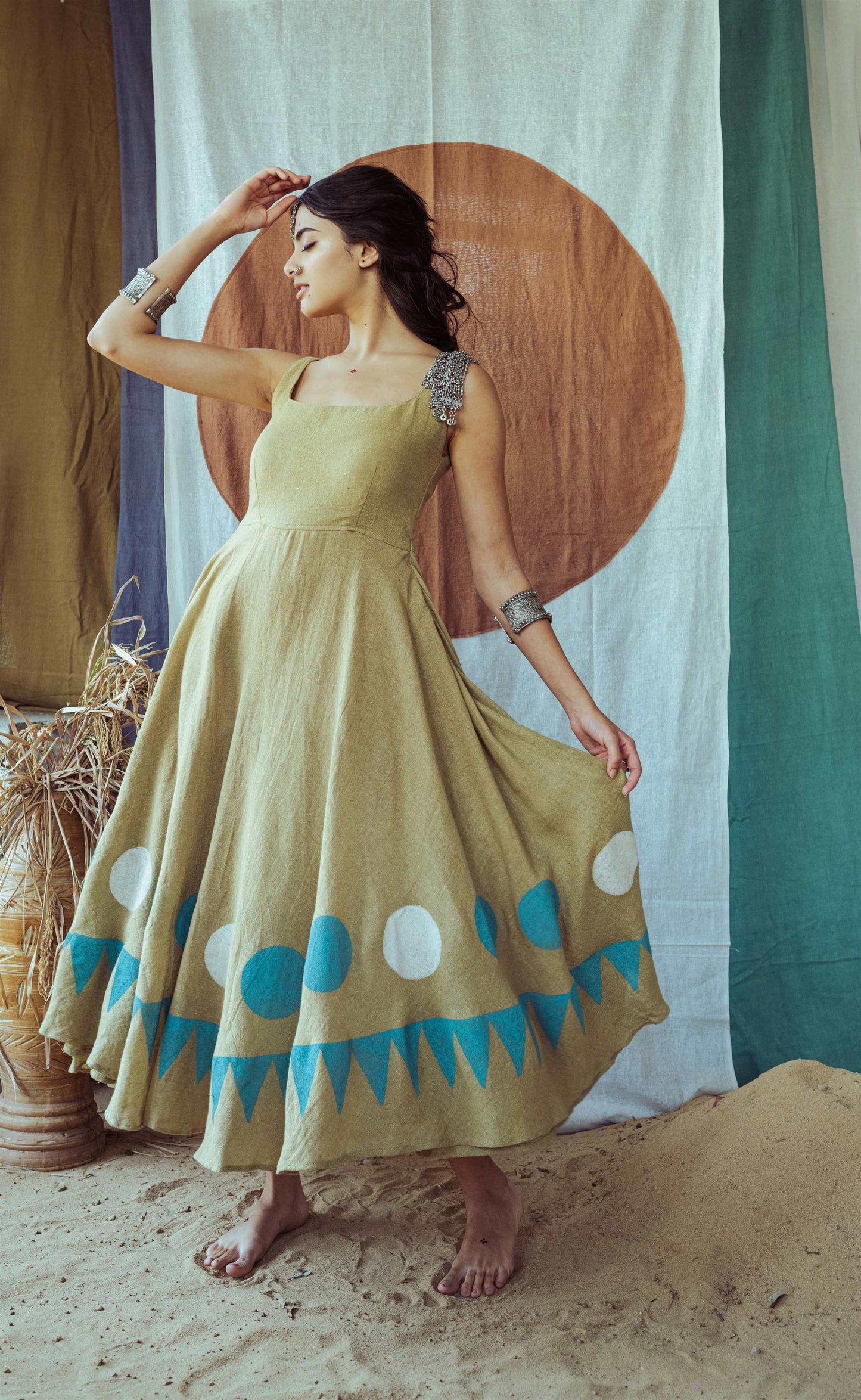 Countryside Olive Hand Block Printed Anarkali Dress - Tijoreebynikita