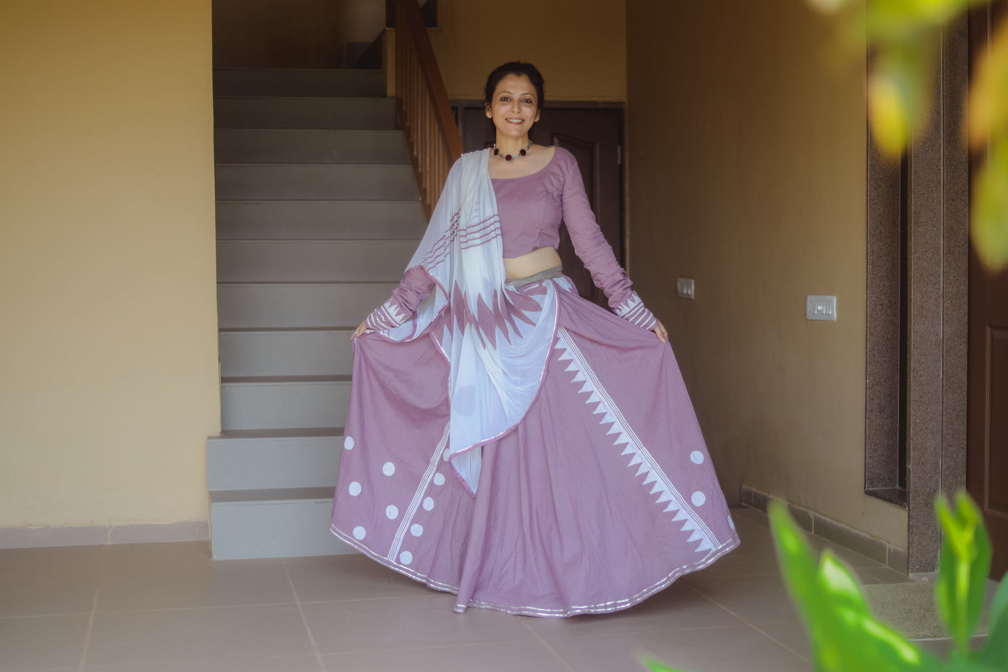 Purple Mauve & Off White Hand Block Printed Lehenga Set - Tijoreebynikita