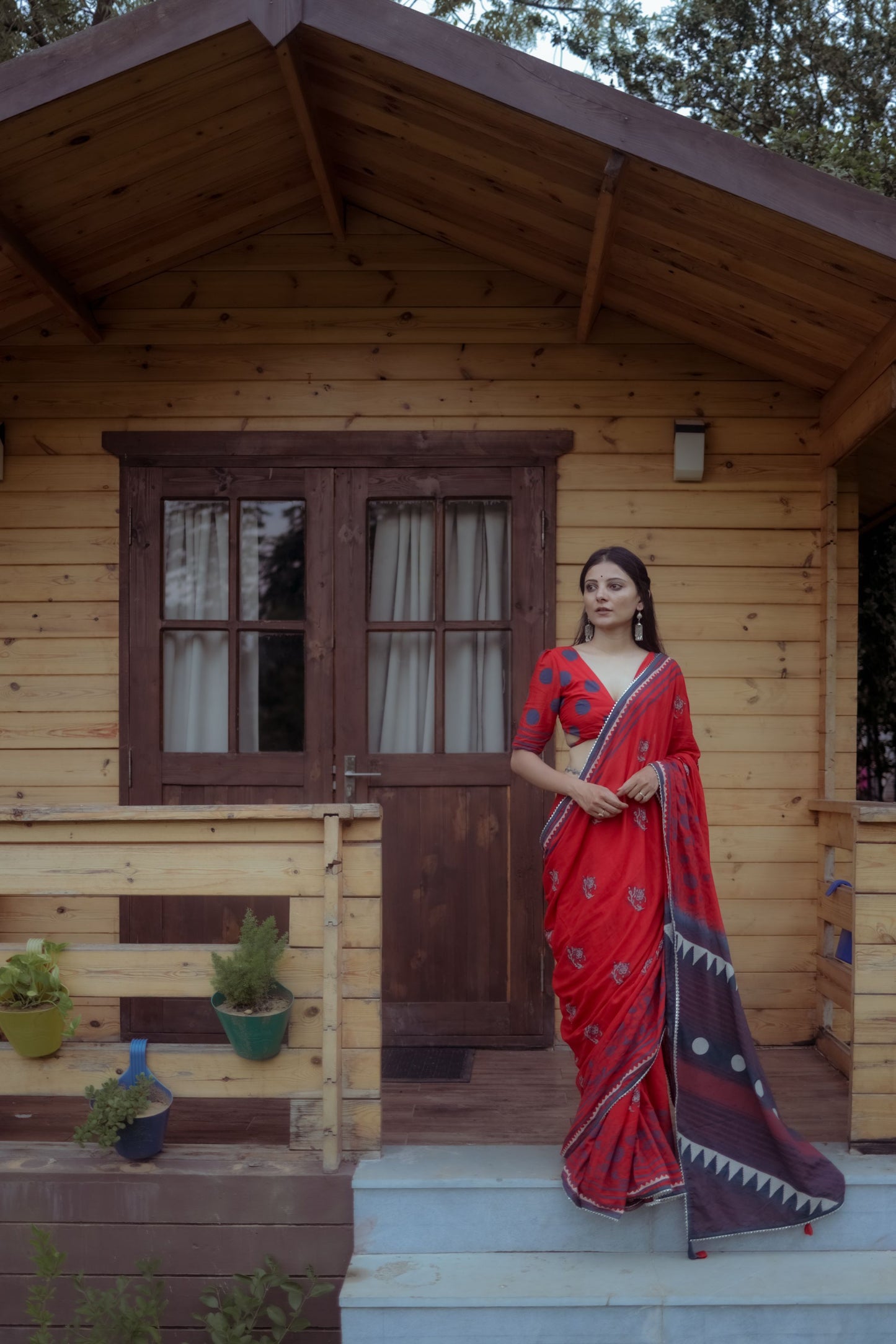 Red & Blue Hand Block Printed Saree With Tie-Dye Pallu & Custom Blouse - Tijoreebynikita