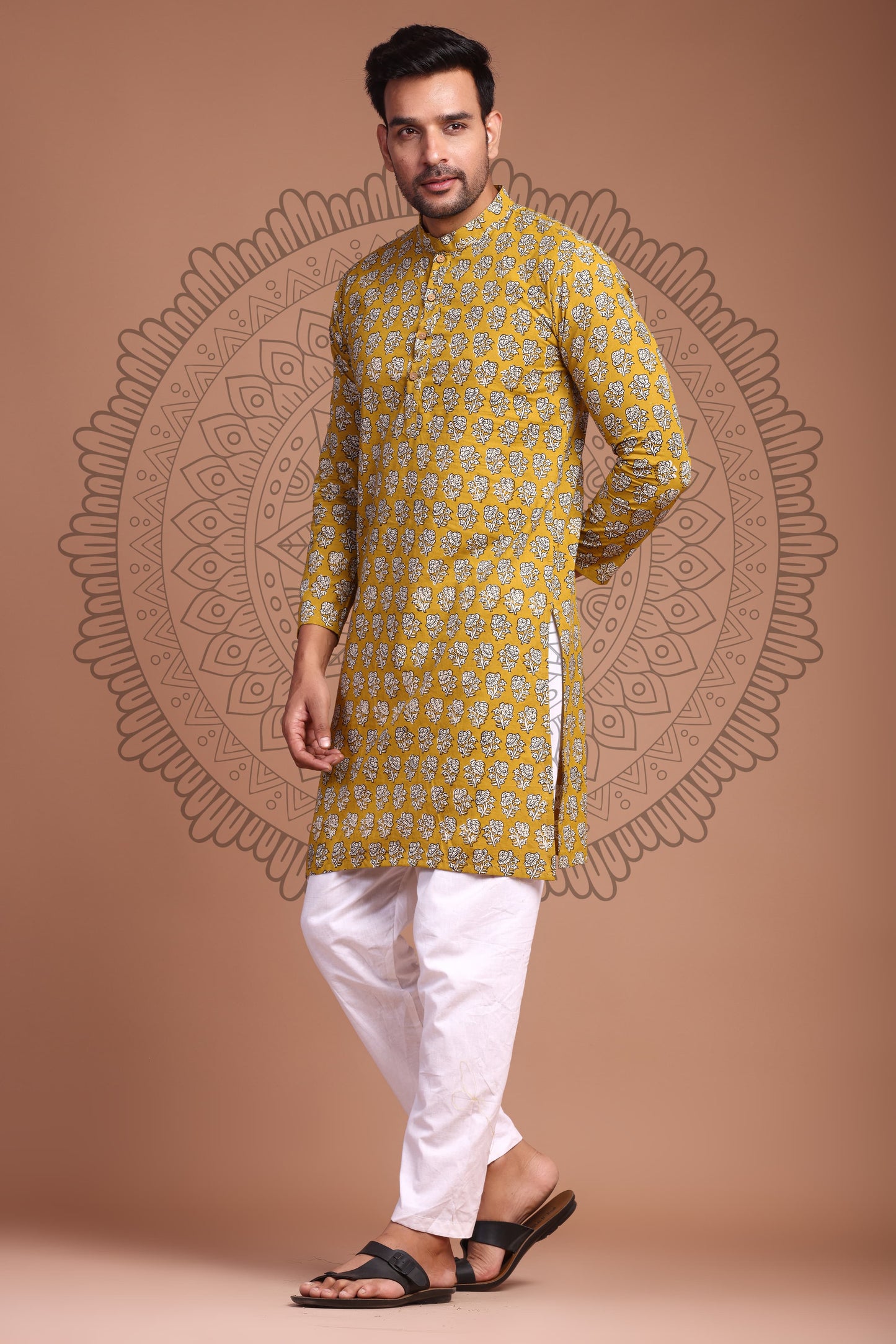 Earthy Mustard Yellow Hand Block Printed Men's Kurta - Tijoreebynikita