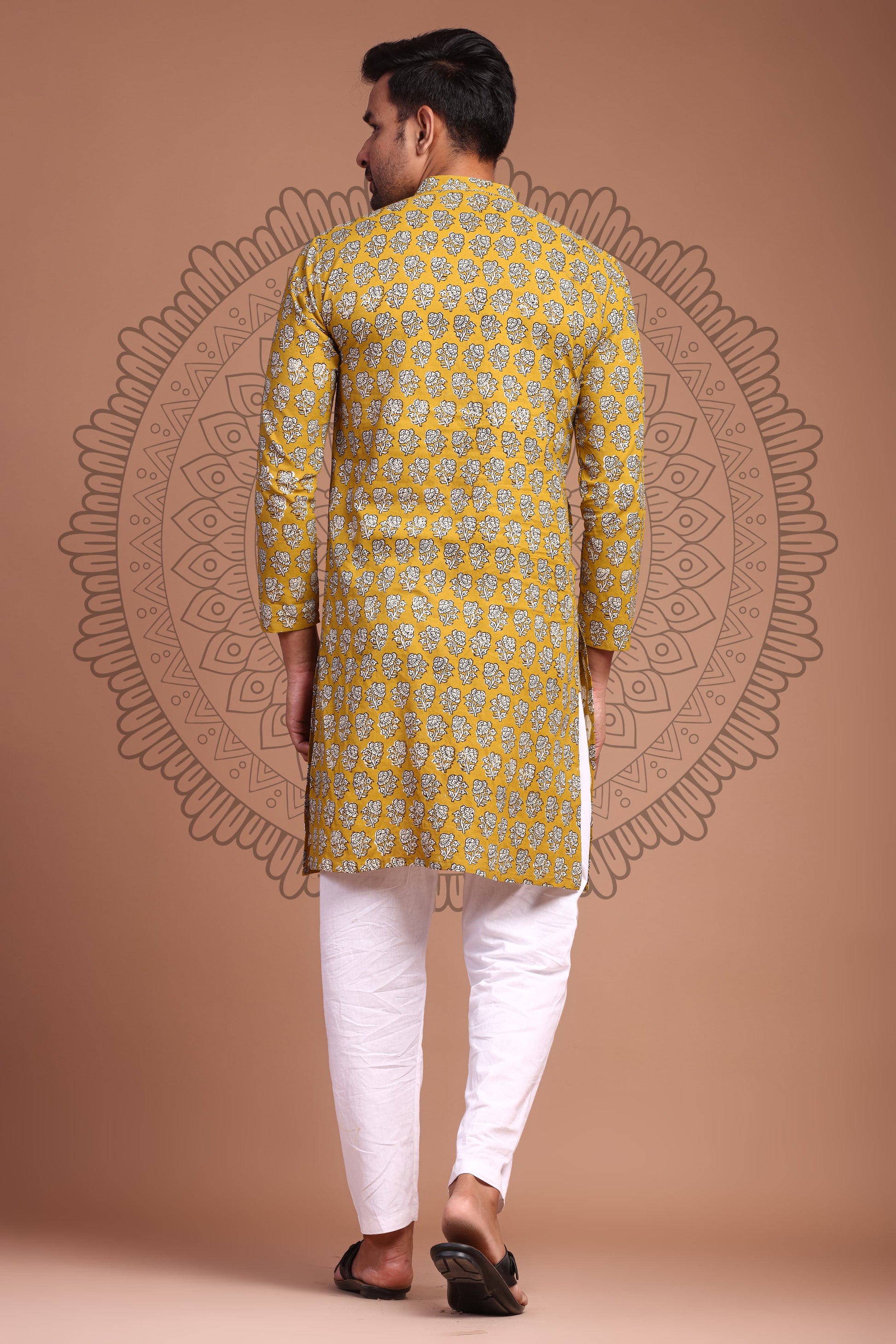 Earthy Mustard Yellow Hand Block Printed Men's Kurta - Tijoreebynikita