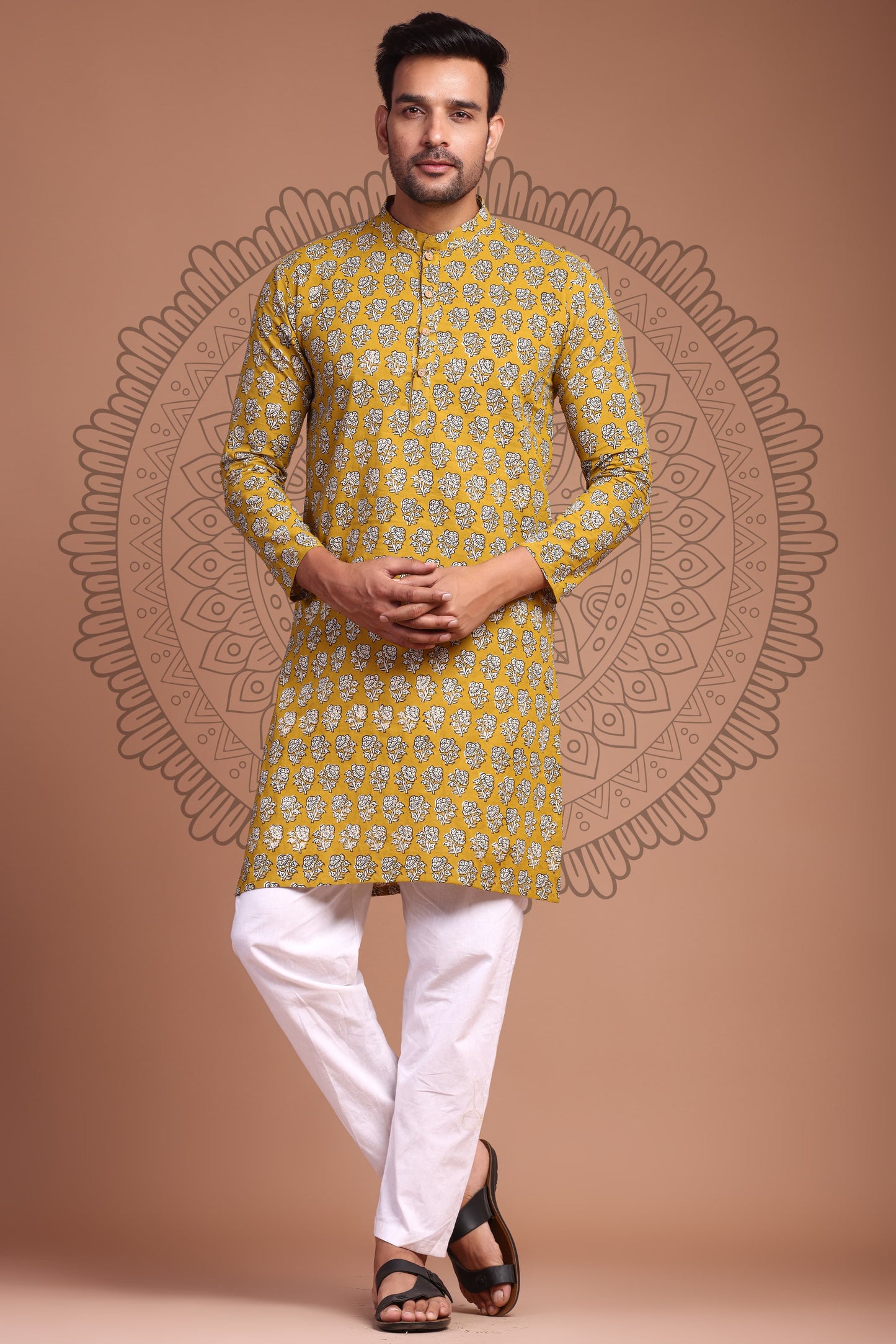 Earthy Mustard Yellow Hand Block Printed Men's Kurta - Tijoreebynikita