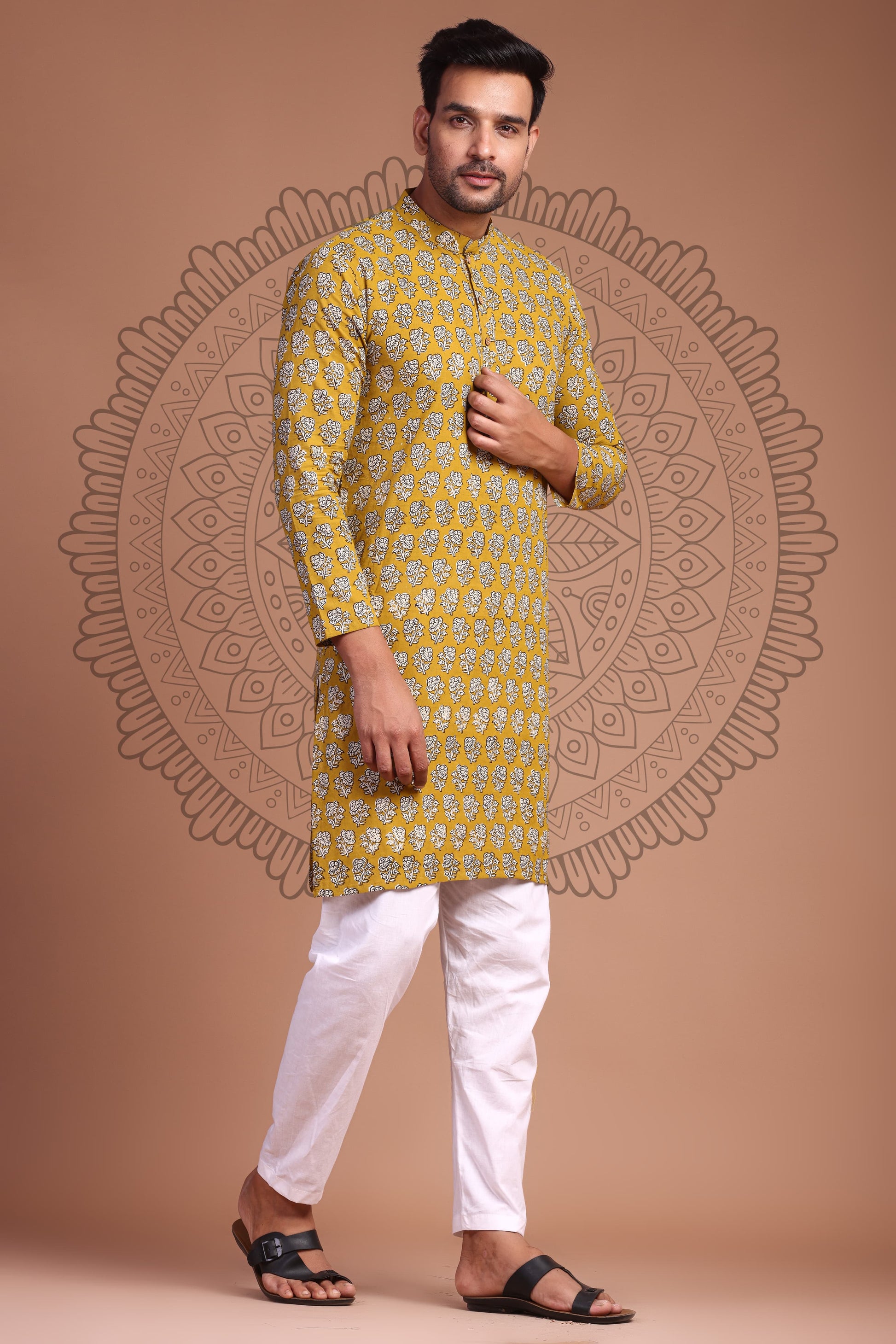 Earthy Mustard Yellow Hand Block Printed Men's Kurta - Tijoreebynikita