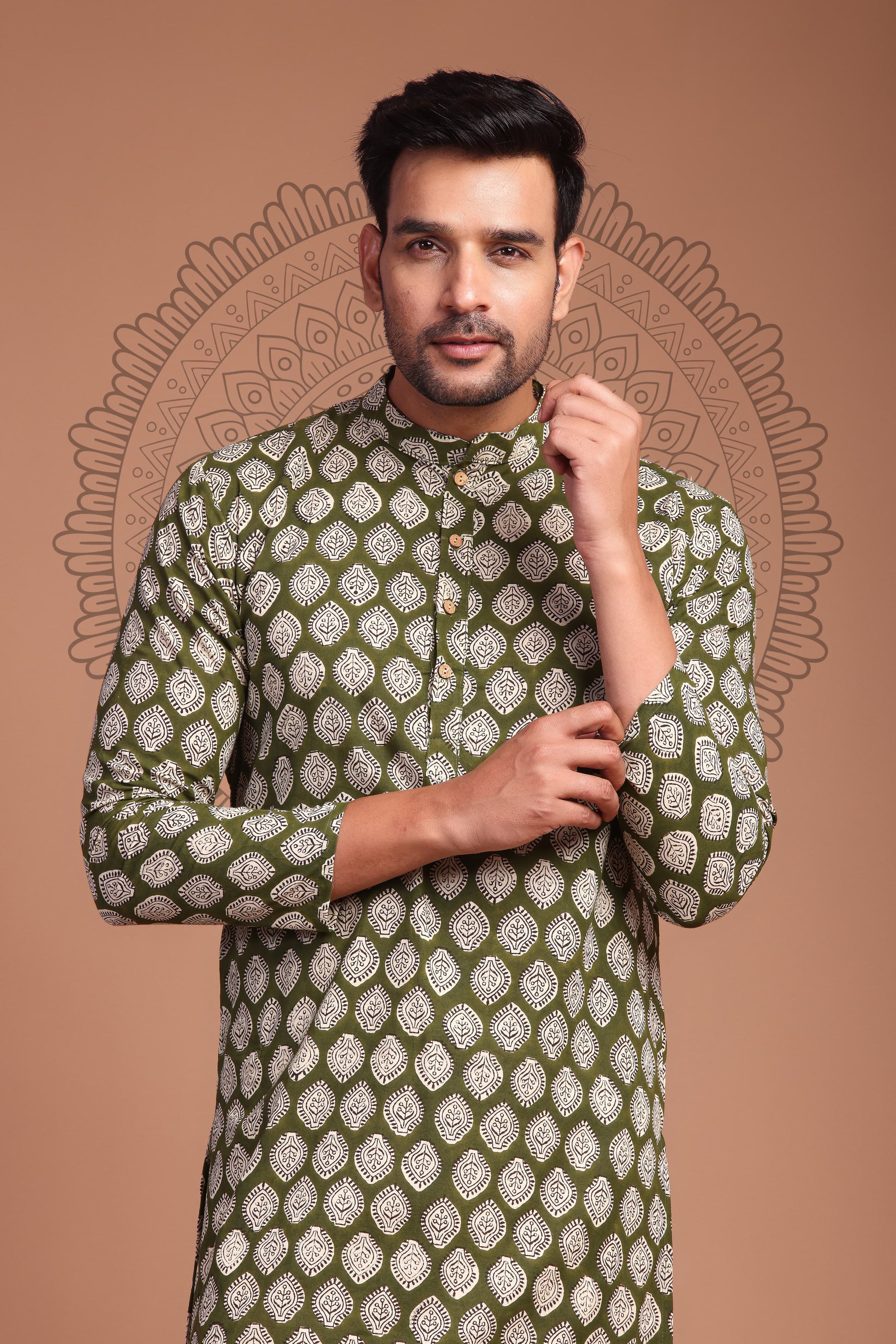 Mehendi Green Hand Block Printed Men's Kurta - Tijoreebynikita