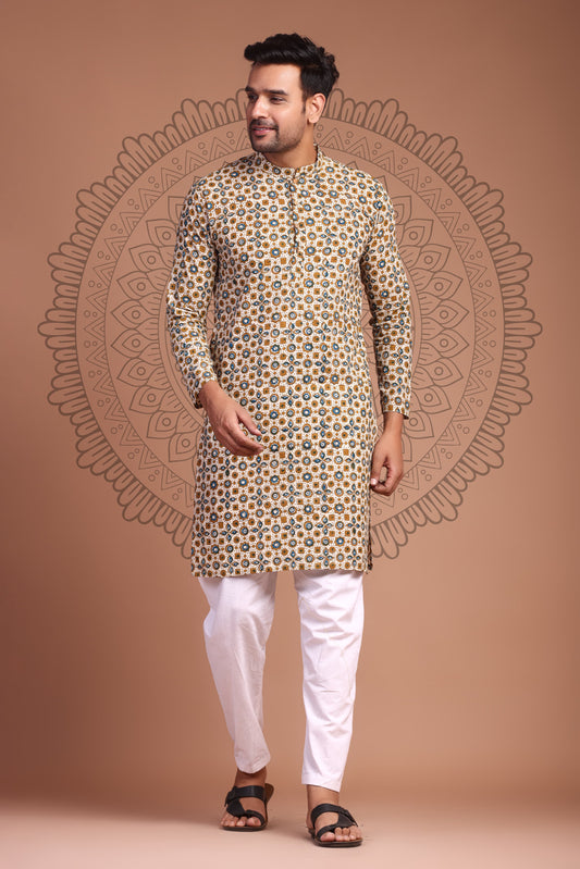 Ochre Yellow Hand Block Printed Men's Kurta - Tijoreebynikita