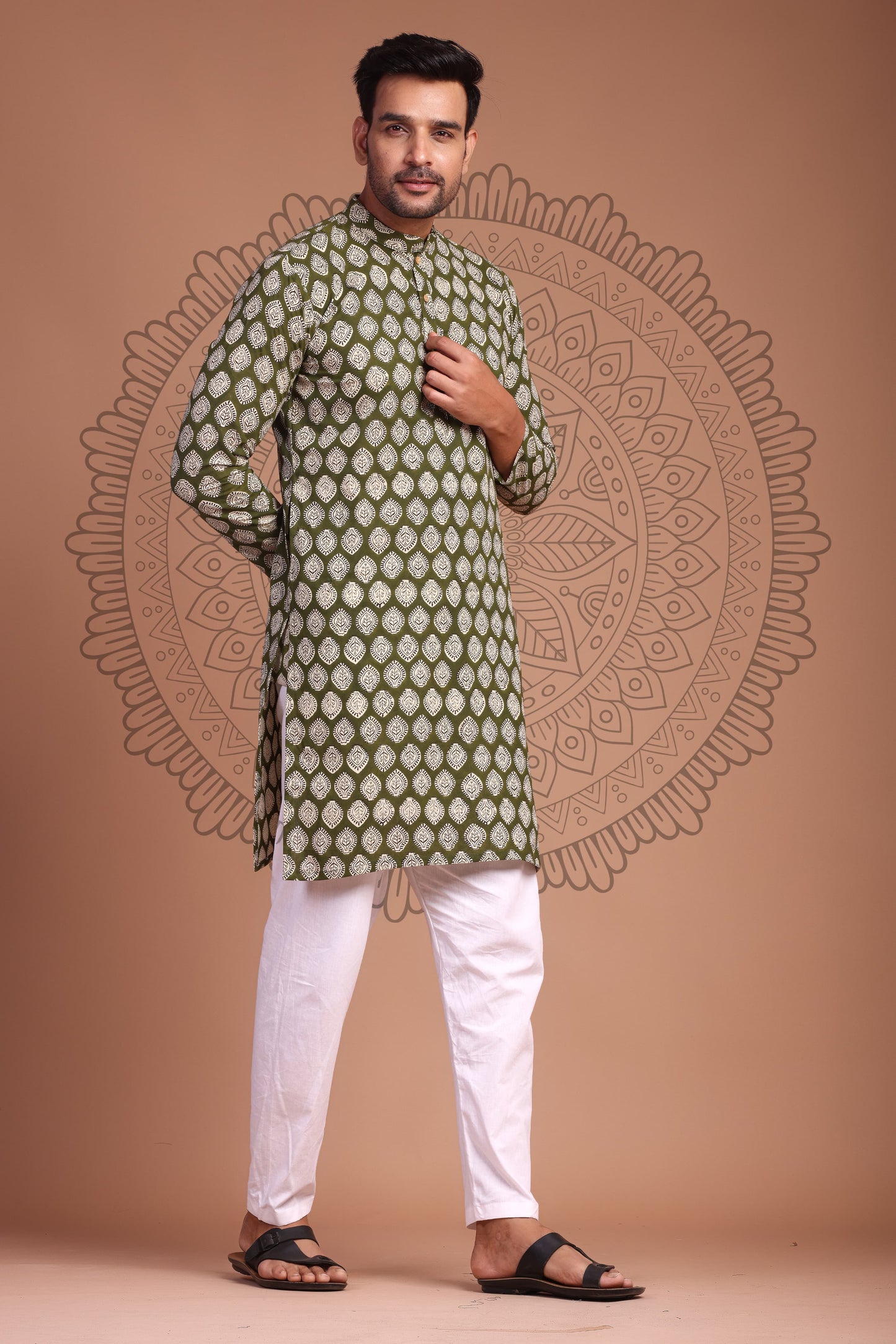 Mehendi Green Hand Block Printed Men's Kurta - Tijoreebynikita