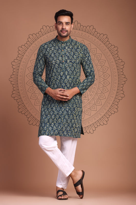 Dark Green Hand Block Printed Men's Kurta - Tijoreebynikita