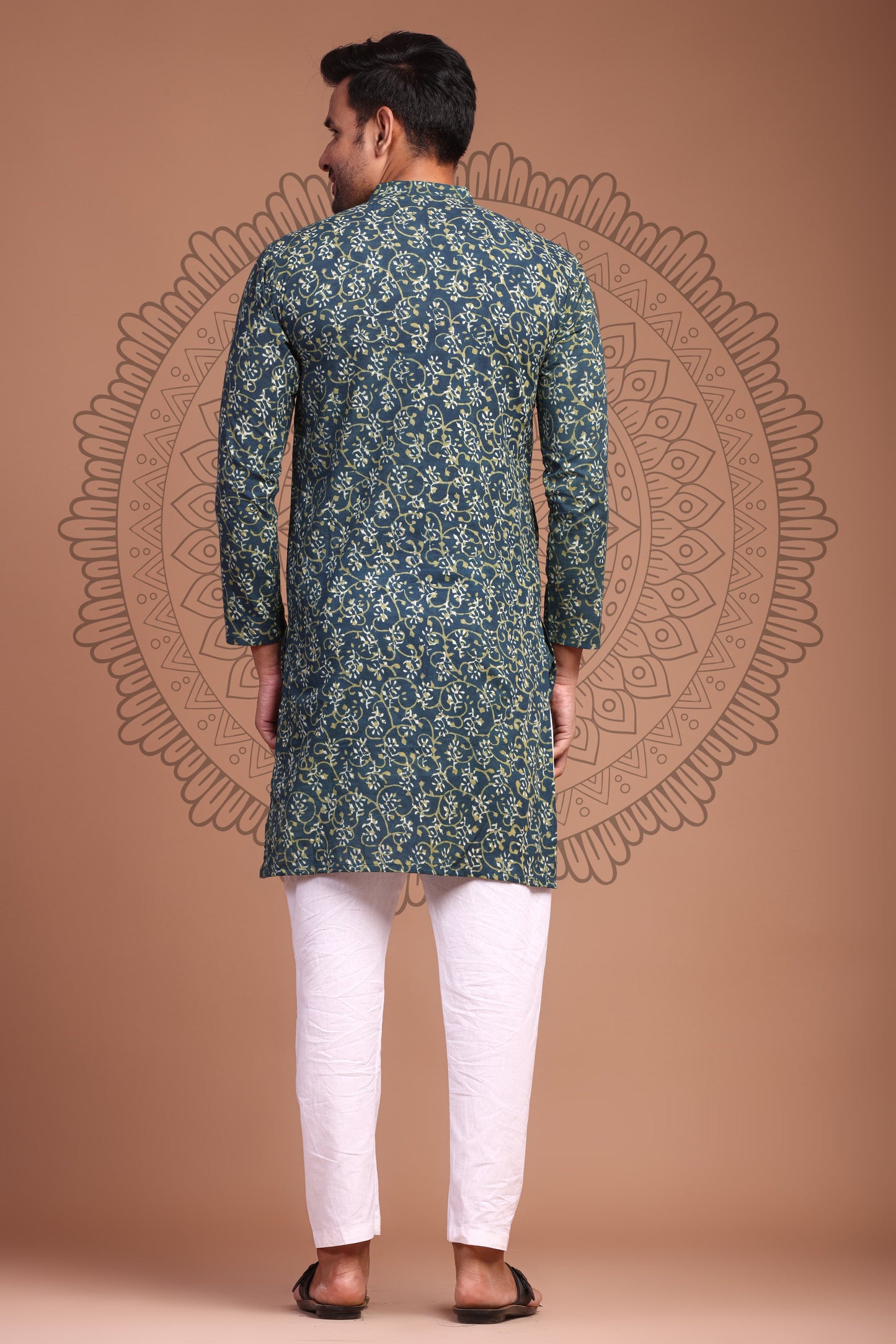 Dark Green Hand Block Printed Men's Kurta - Tijoreebynikita