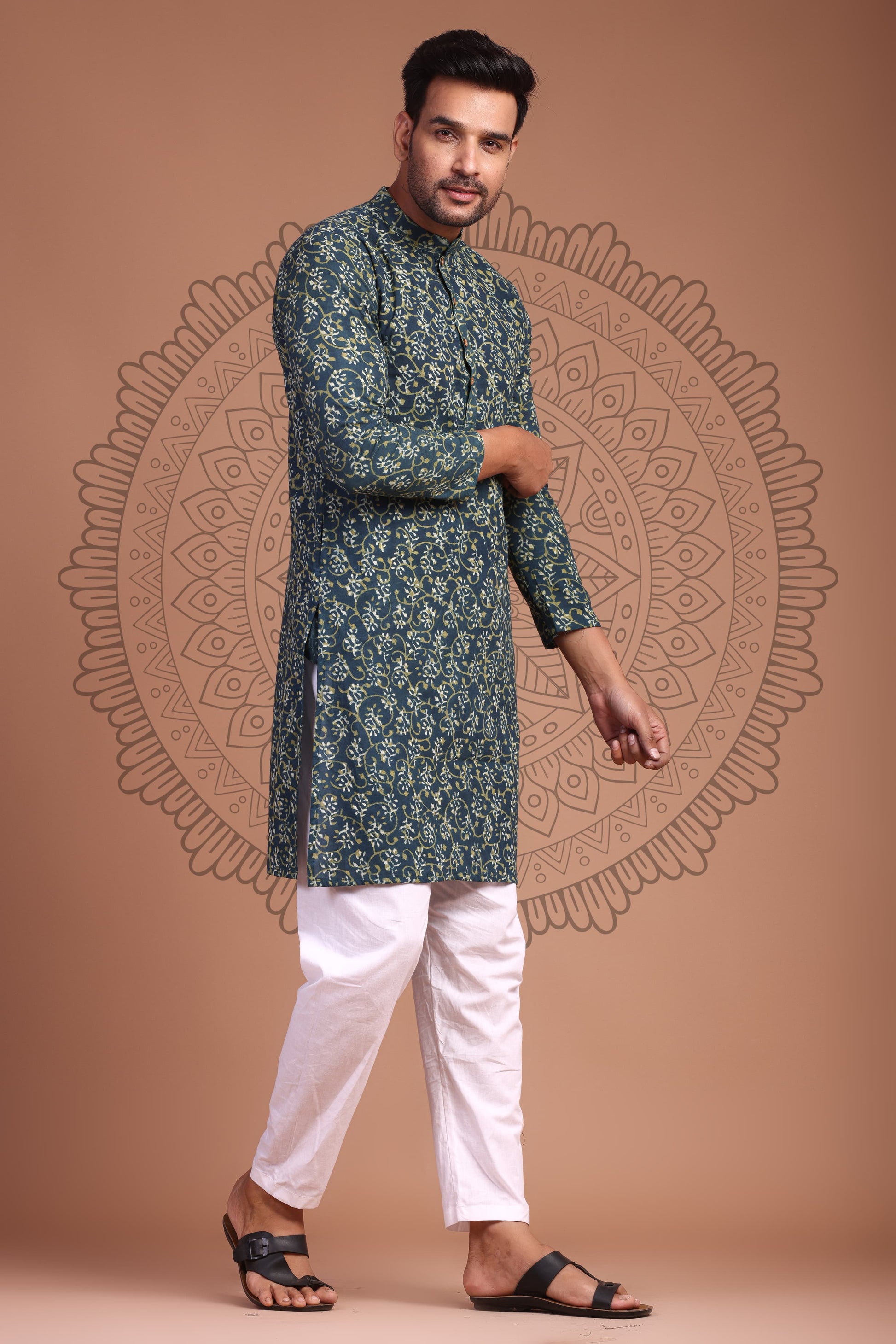 Dark Green Hand Block Printed Men's Kurta - Tijoreebynikita