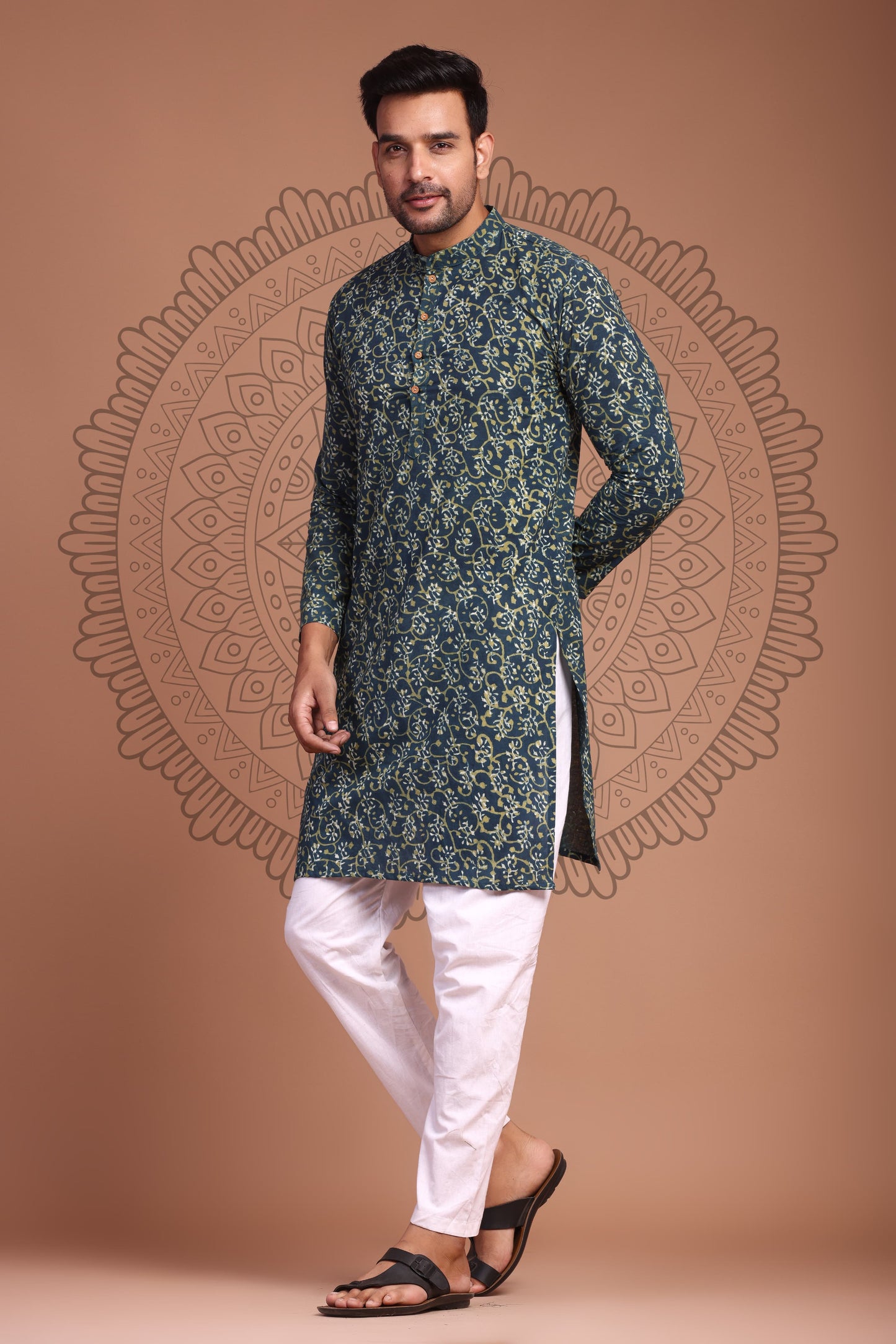 Dark Green Hand Block Printed Men's Kurta - Tijoreebynikita