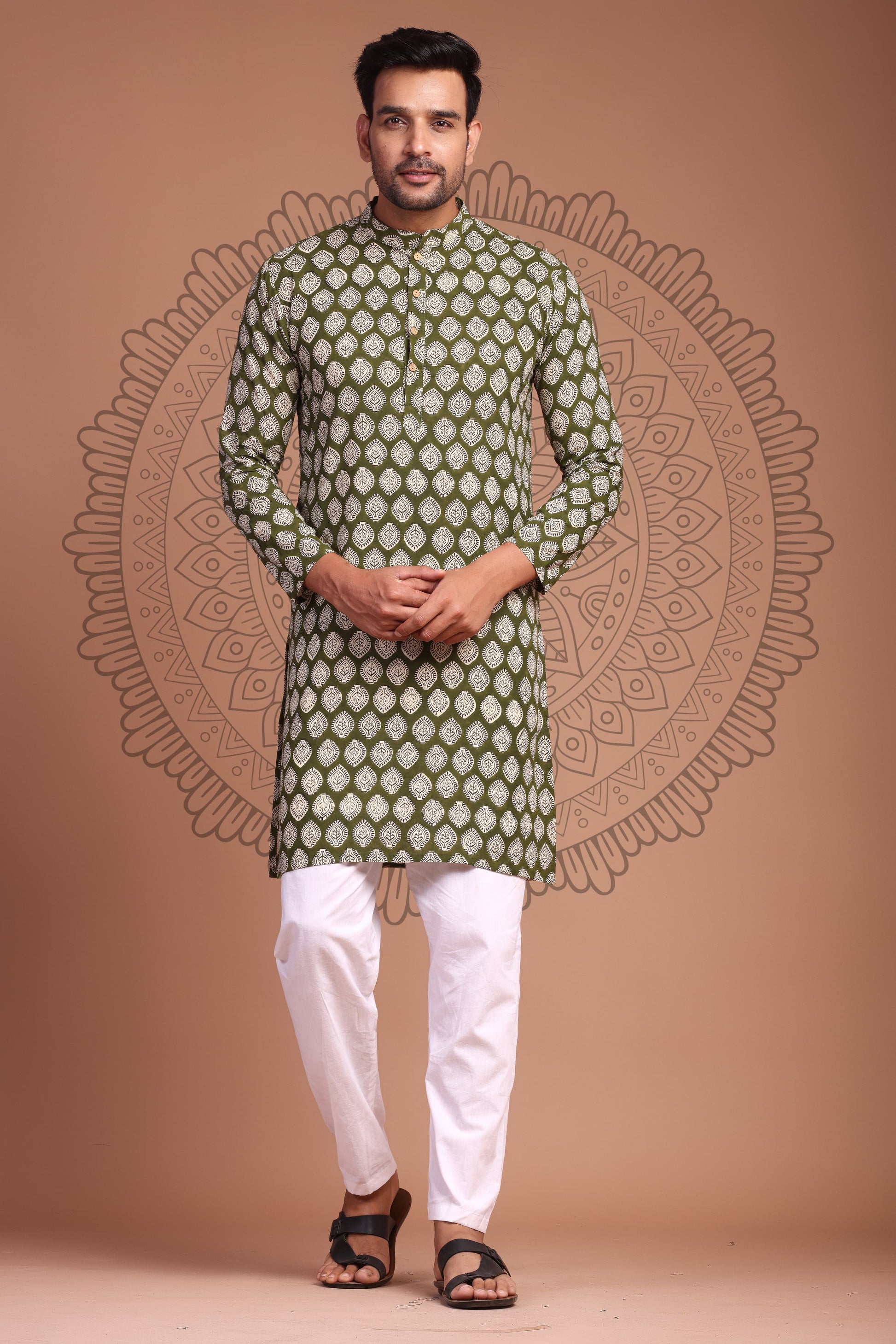 Mehendi Green Hand Block Printed Men's Kurta - Tijoreebynikita