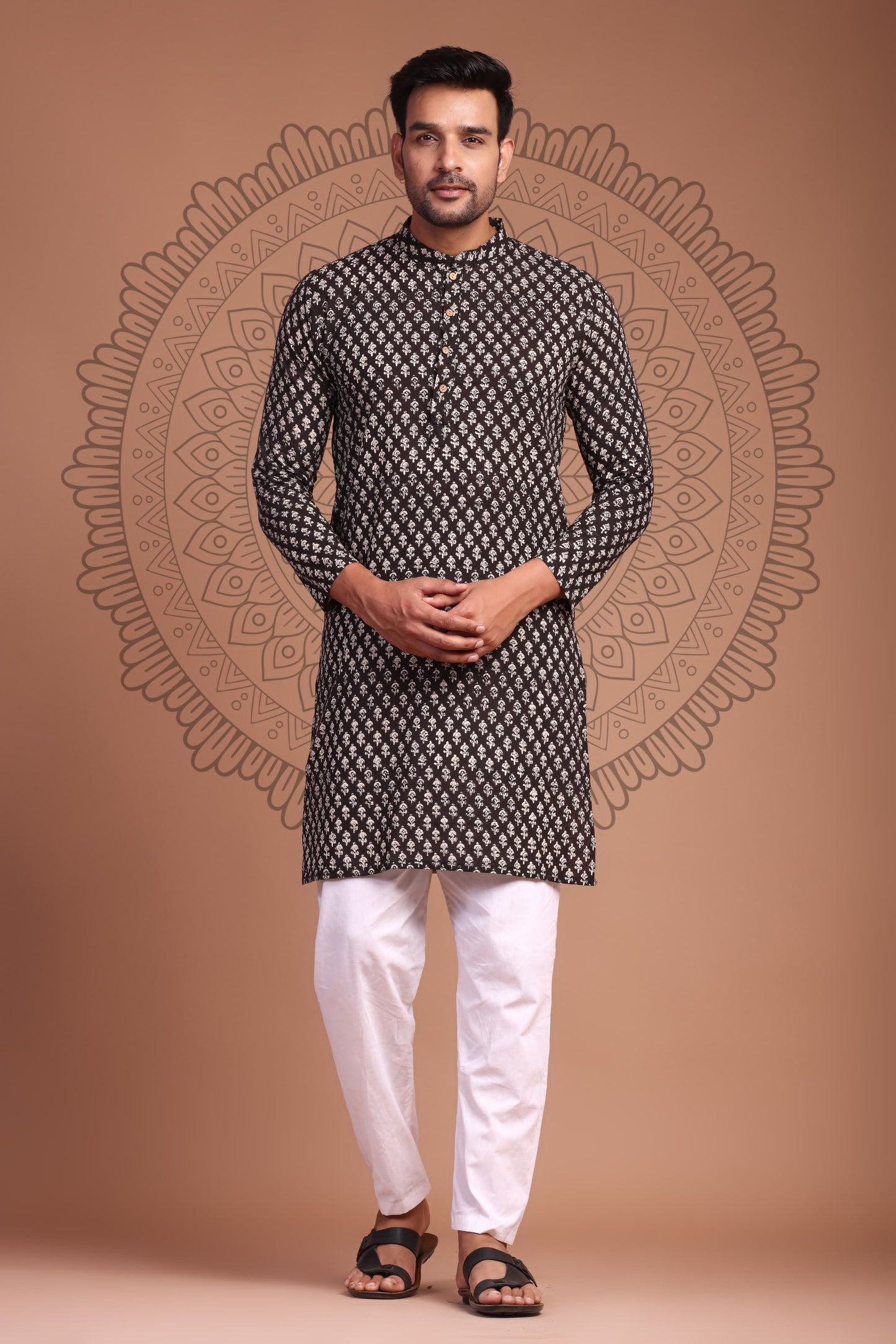 ​Black Hand Block Printed Men's Kurta - Tijoreebynikita in India, USA, Canada, UK, Australia, Singapore