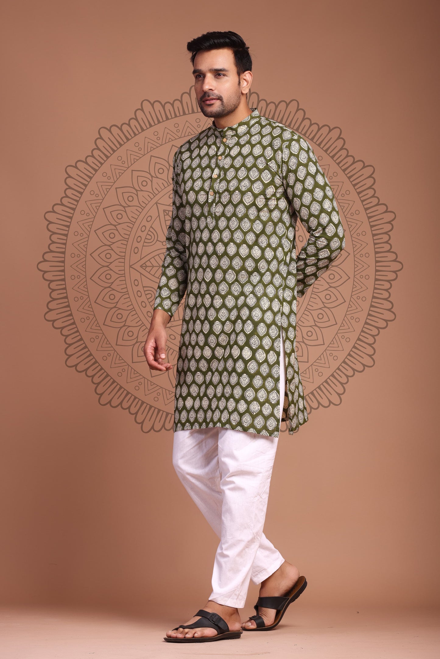 Mehendi Green Hand Block Printed Men's Kurta - Tijoreebynikita