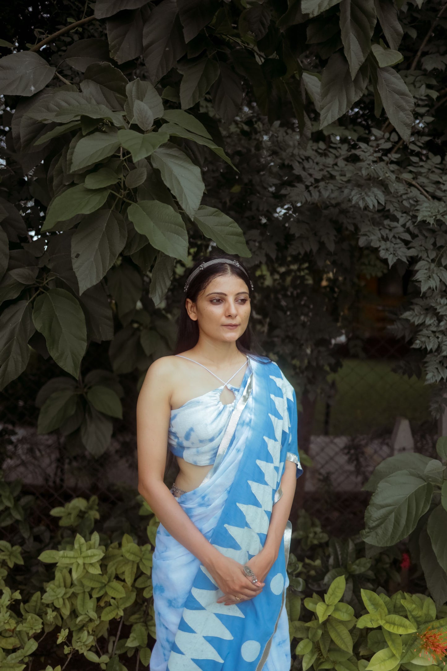 Blue & White Hand Block Printed Tie-Dye Saree With Custom Jute Crop Top - Tijoreebynikita