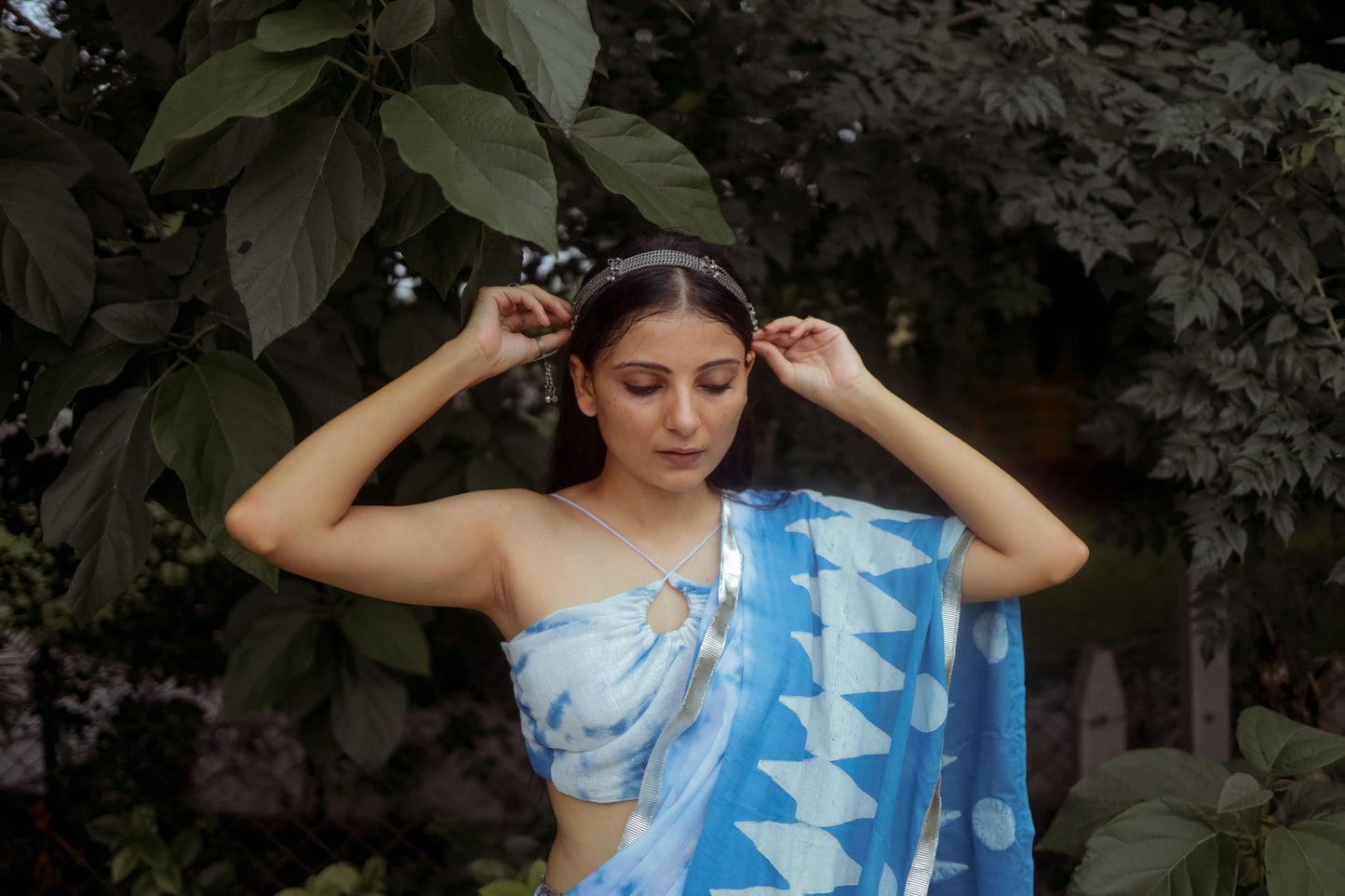 Blue & White Hand Block Printed Tie-Dye Saree With Custom Jute Crop Top - Tijoreebynikita