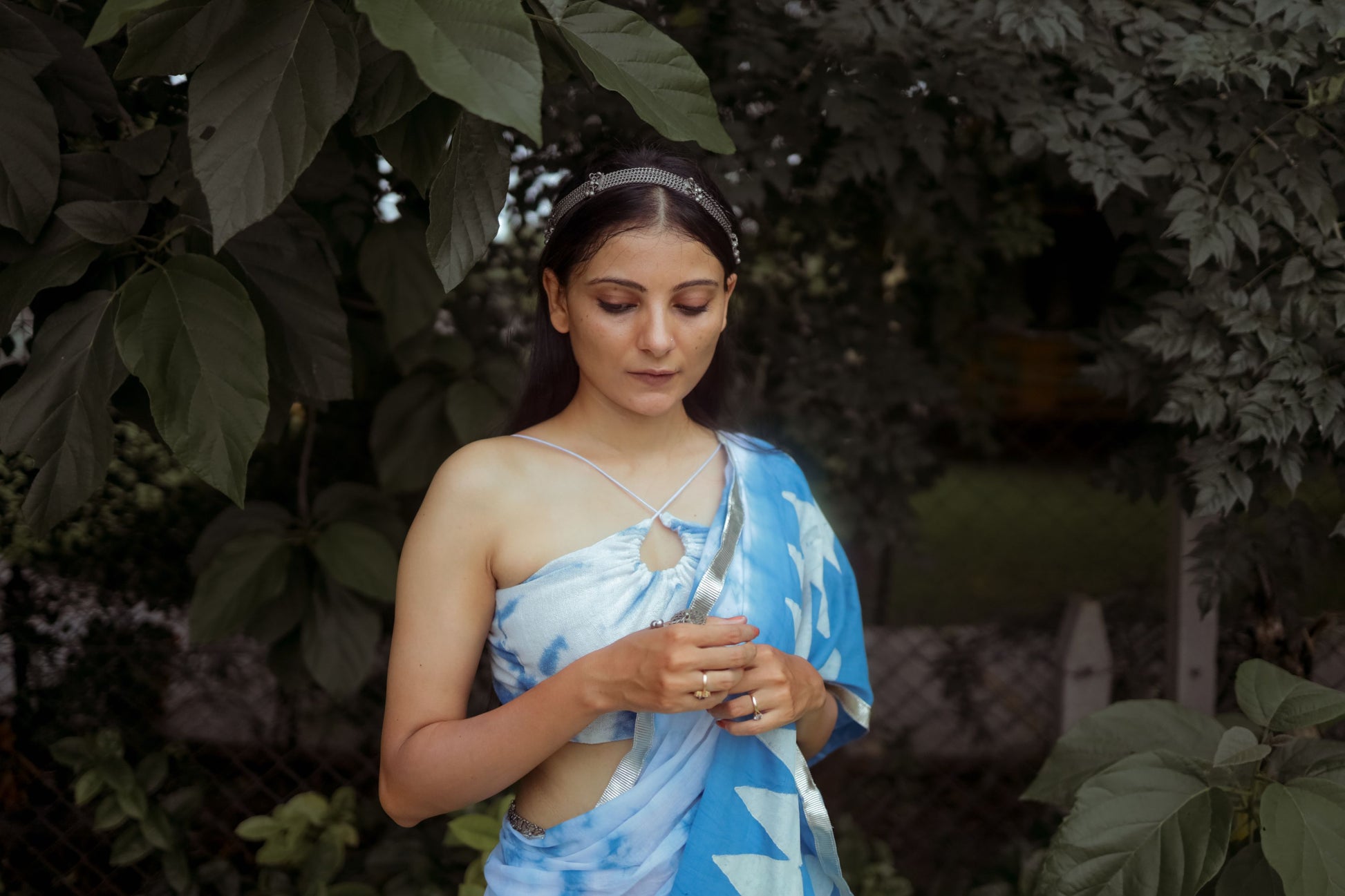 Blue & White Hand Block Printed Tie-Dye Saree With Custom Jute Crop Top - Tijoreebynikita