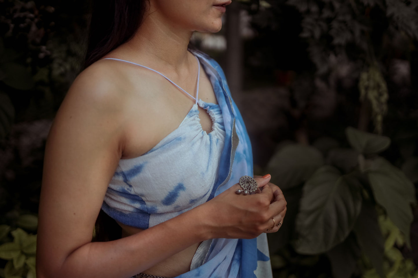 Blue & White Hand Block Printed Tie-Dye Saree With Custom Jute Crop Top - Tijoreebynikita