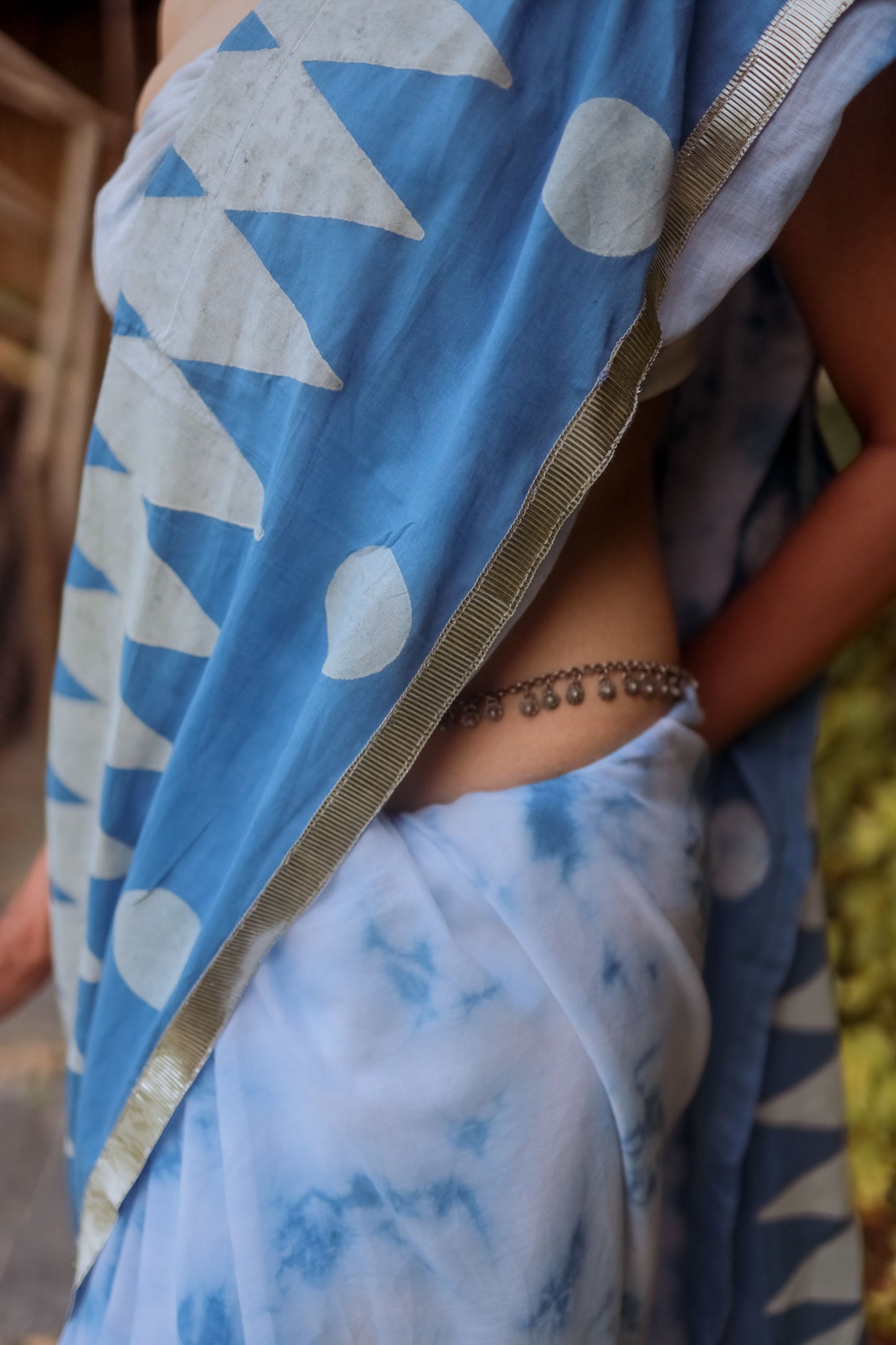 Blue & White Hand Block Printed Tie-Dye Saree With Custom Jute Crop Top - Tijoreebynikita