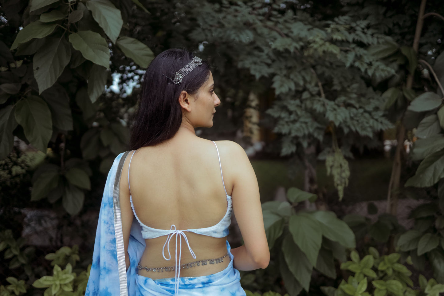 Blue & White Hand Block Printed Tie-Dye Saree With Custom Jute Crop Top - Tijoreebynikita