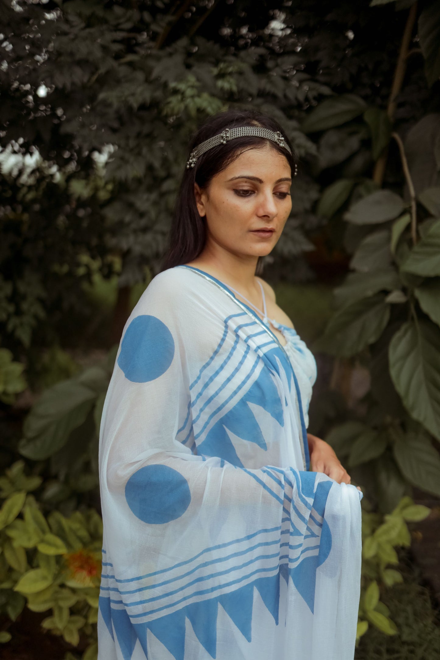 Blue & White Hand Block Printed Tie-Dye Saree With Custom Jute Crop Top - Tijoreebynikita