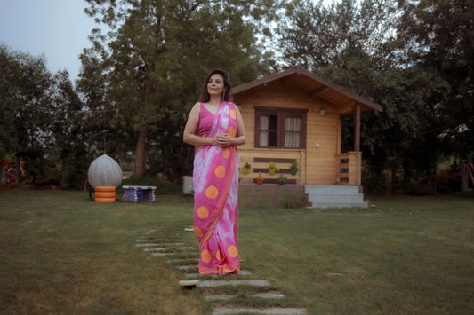 Pink Tie-Dye Hand Block Printed Saree with Custom Blouse - Tijoreebynikita