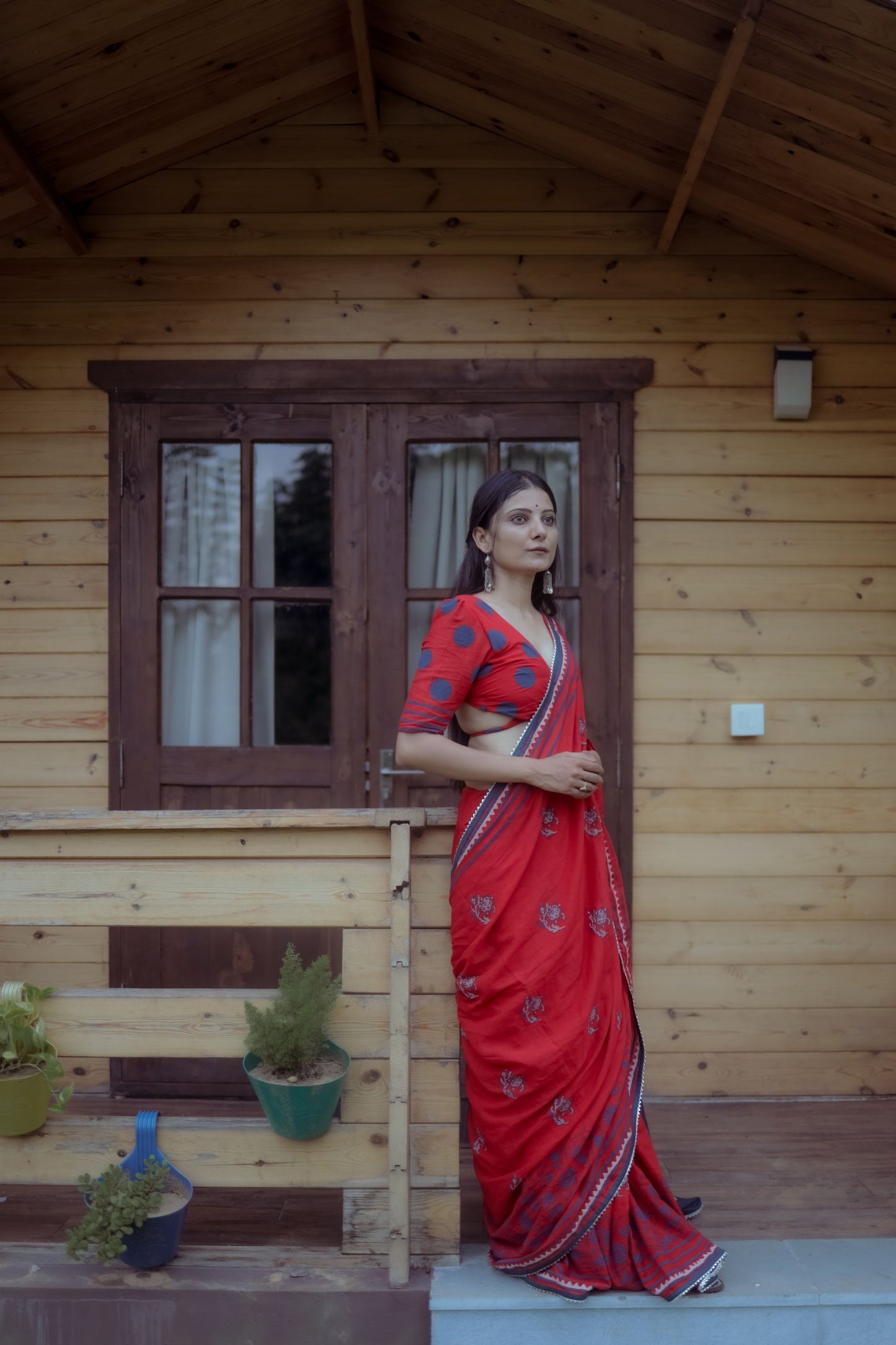 Red & Blue Hand Block Printed Saree With Tie-Dye Pallu & Custom Blouse - Tijoreebynikita