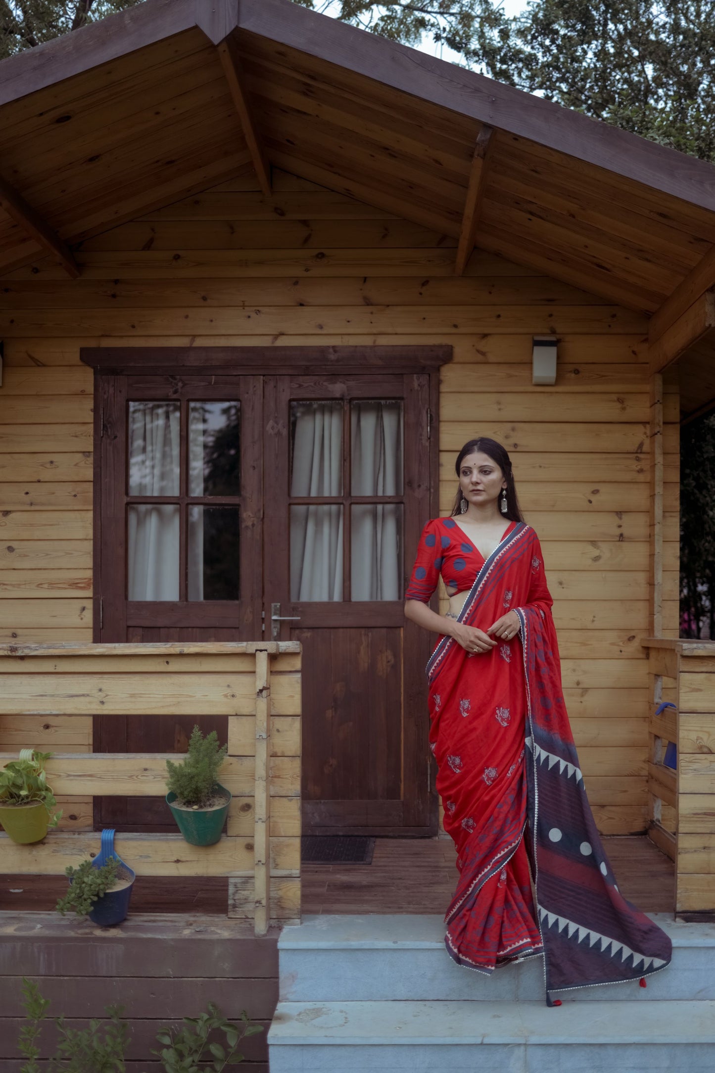 Red & Blue Hand Block Printed Saree With Tie-Dye Pallu & Custom Blouse - Tijoreebynikita