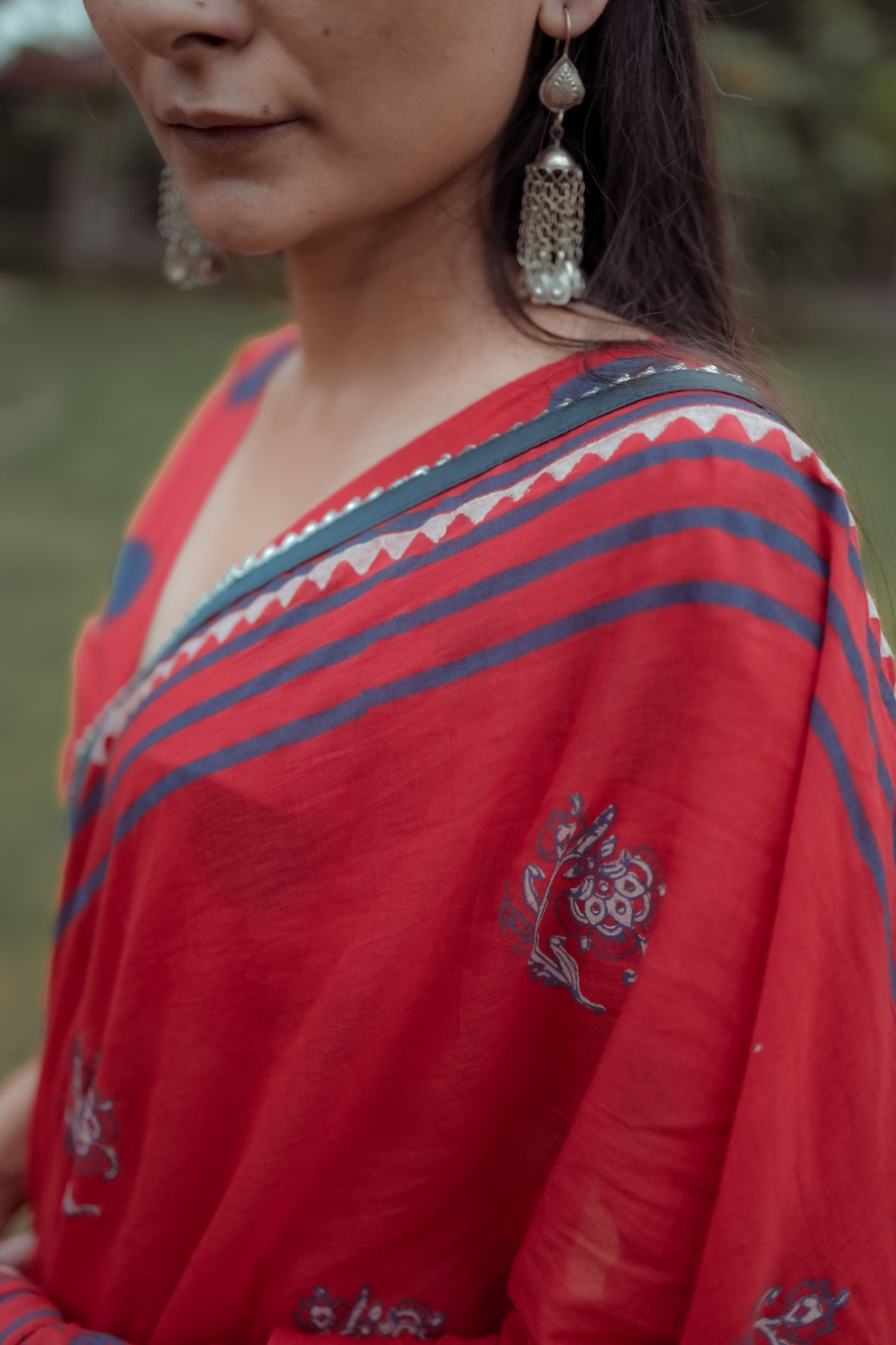 Red & Blue Hand Block Printed Saree With Tie-Dye Pallu & Custom Blouse - Tijoreebynikita