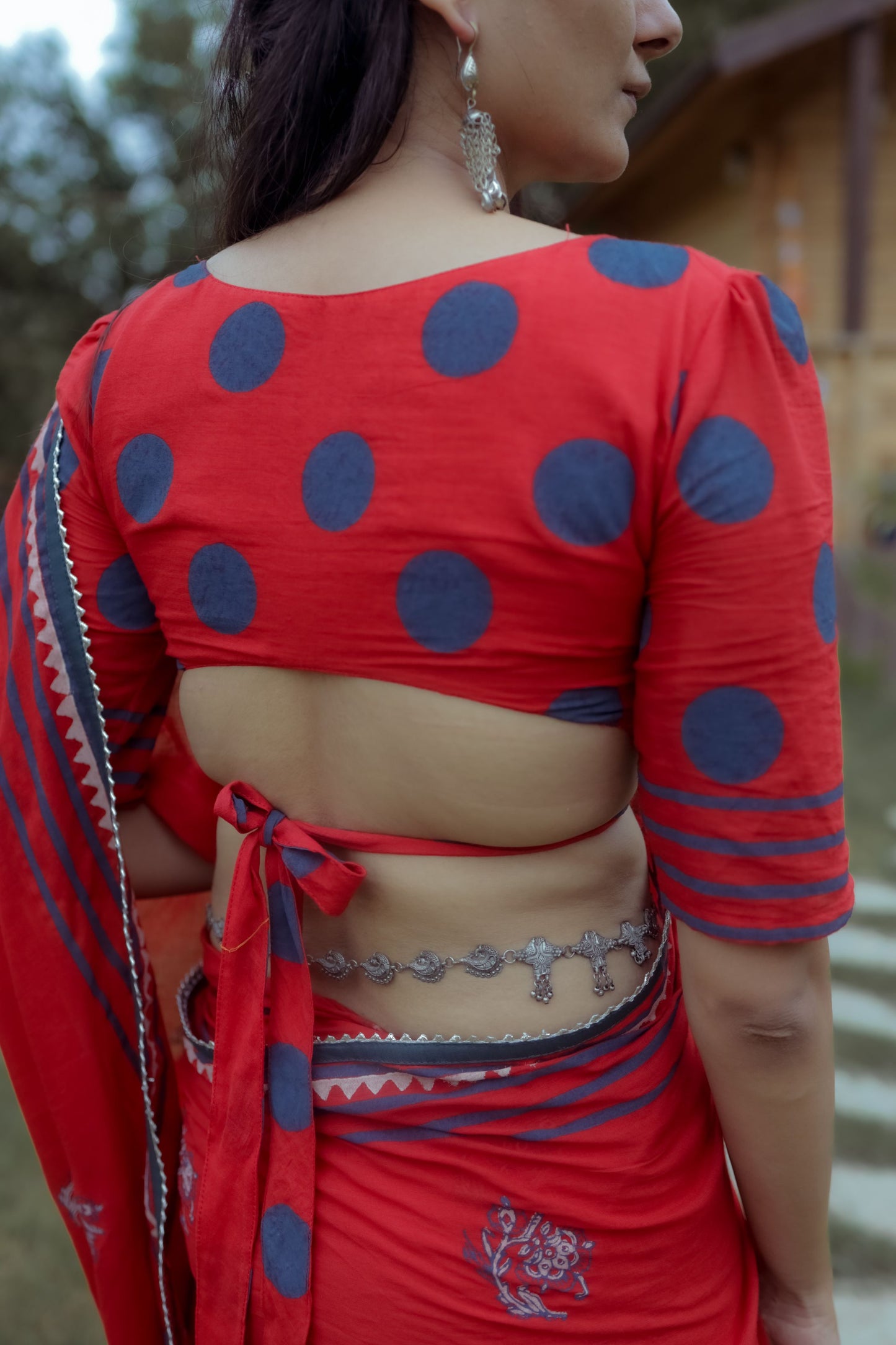 Red & Blue Hand Block Printed Saree With Tie-Dye Pallu & Custom Blouse - Tijoreebynikita