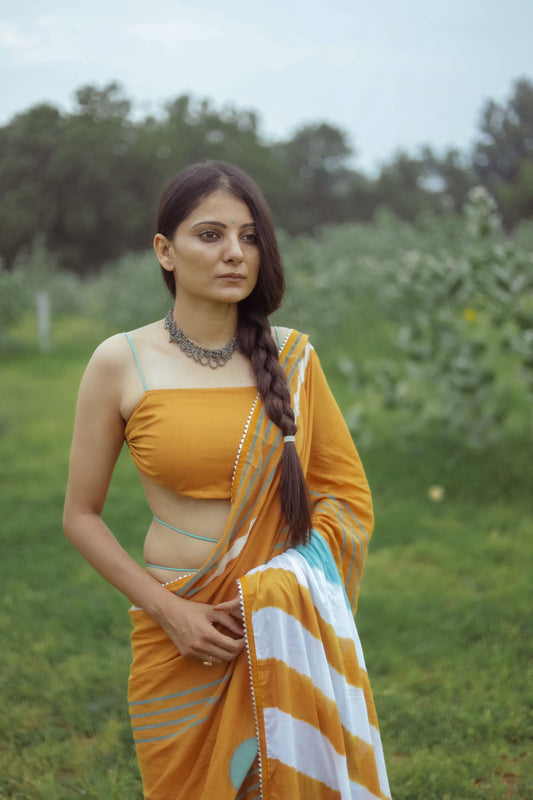 Mustard Yellow Hand Block Printed Saree with Tie-dye Leherya Pallu & Custom Blouse - Tijoreebynikita