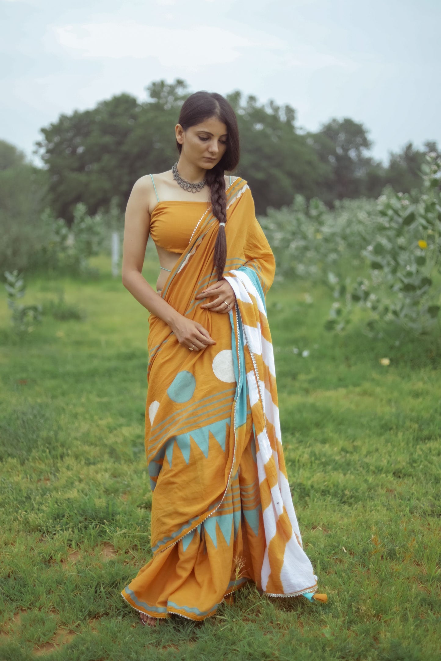 Mustard Yellow Hand Block Printed Saree with Tie-dye Leherya Pallu & Custom Blouse - Tijoreebynikita