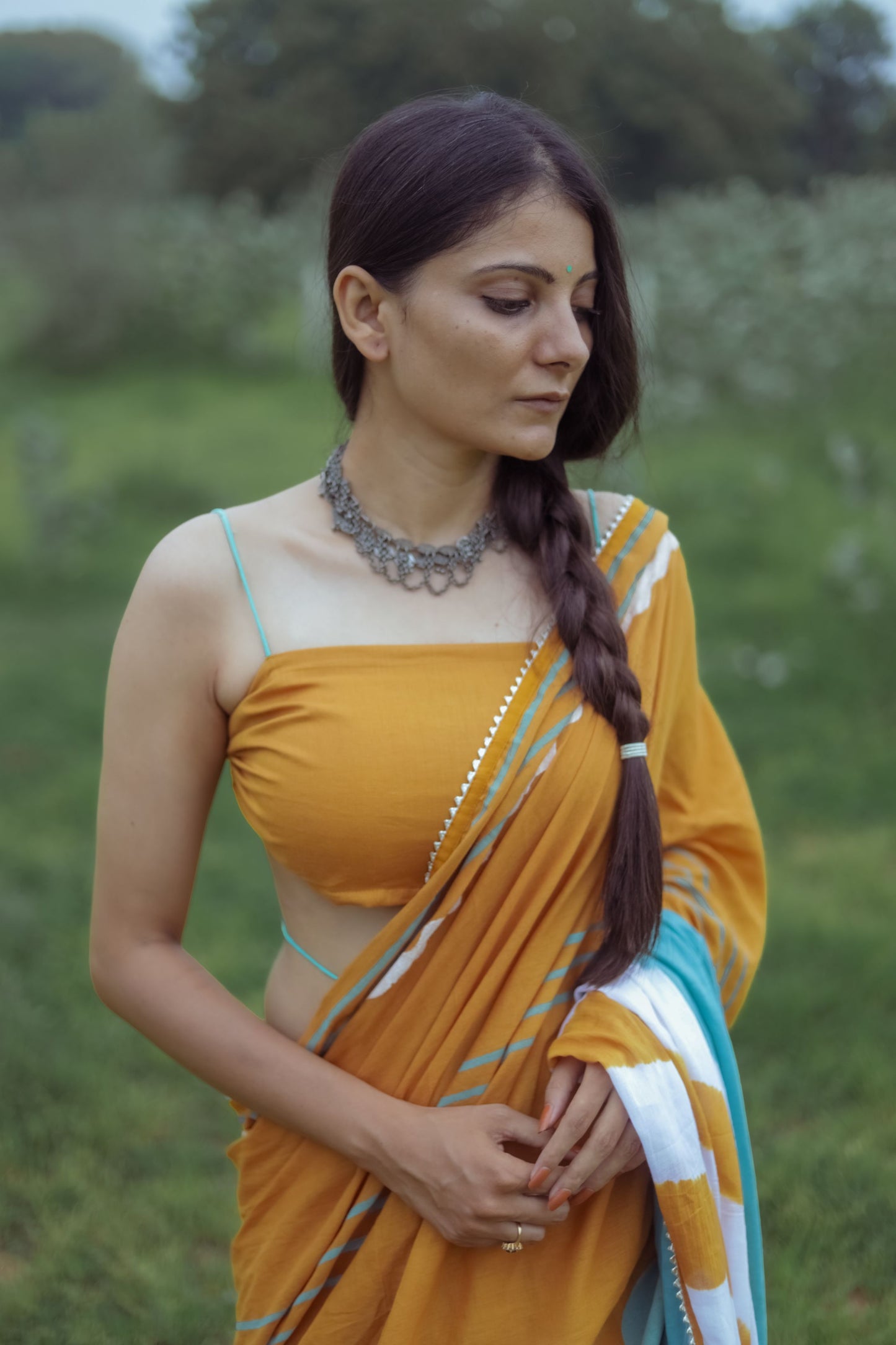 Mustard Yellow Hand Block Printed Saree with Tie-dye Leherya Pallu & Custom Blouse - Tijoreebynikita