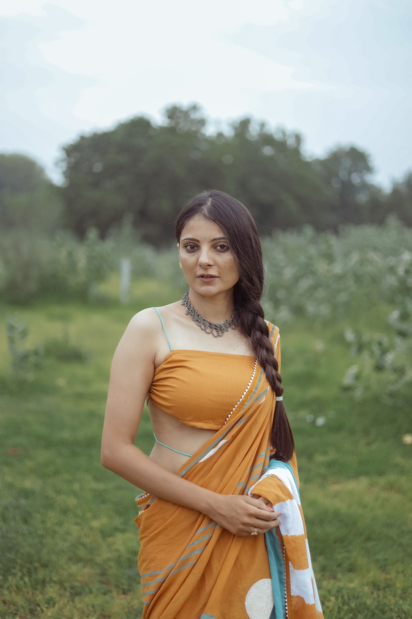 Mustard Yellow Hand Block Printed Saree with Tie-dye Leherya Pallu & Custom Blouse - Tijoreebynikita