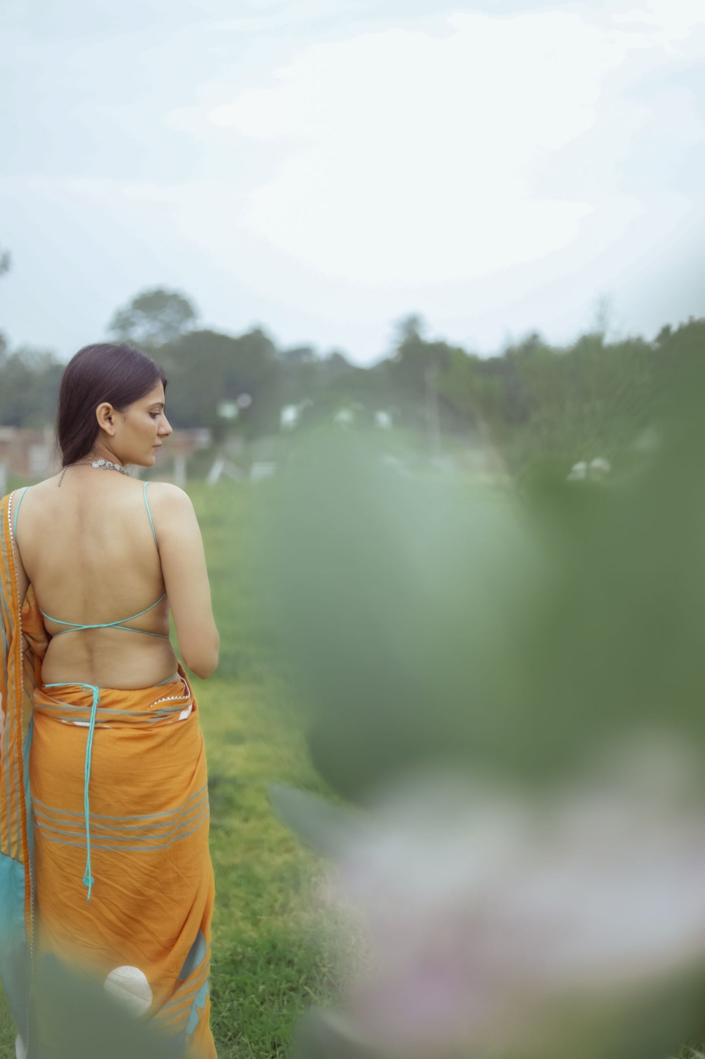 Mustard Yellow Hand Block Printed Saree with Tie-dye Leherya Pallu & Custom Blouse - Tijoreebynikita